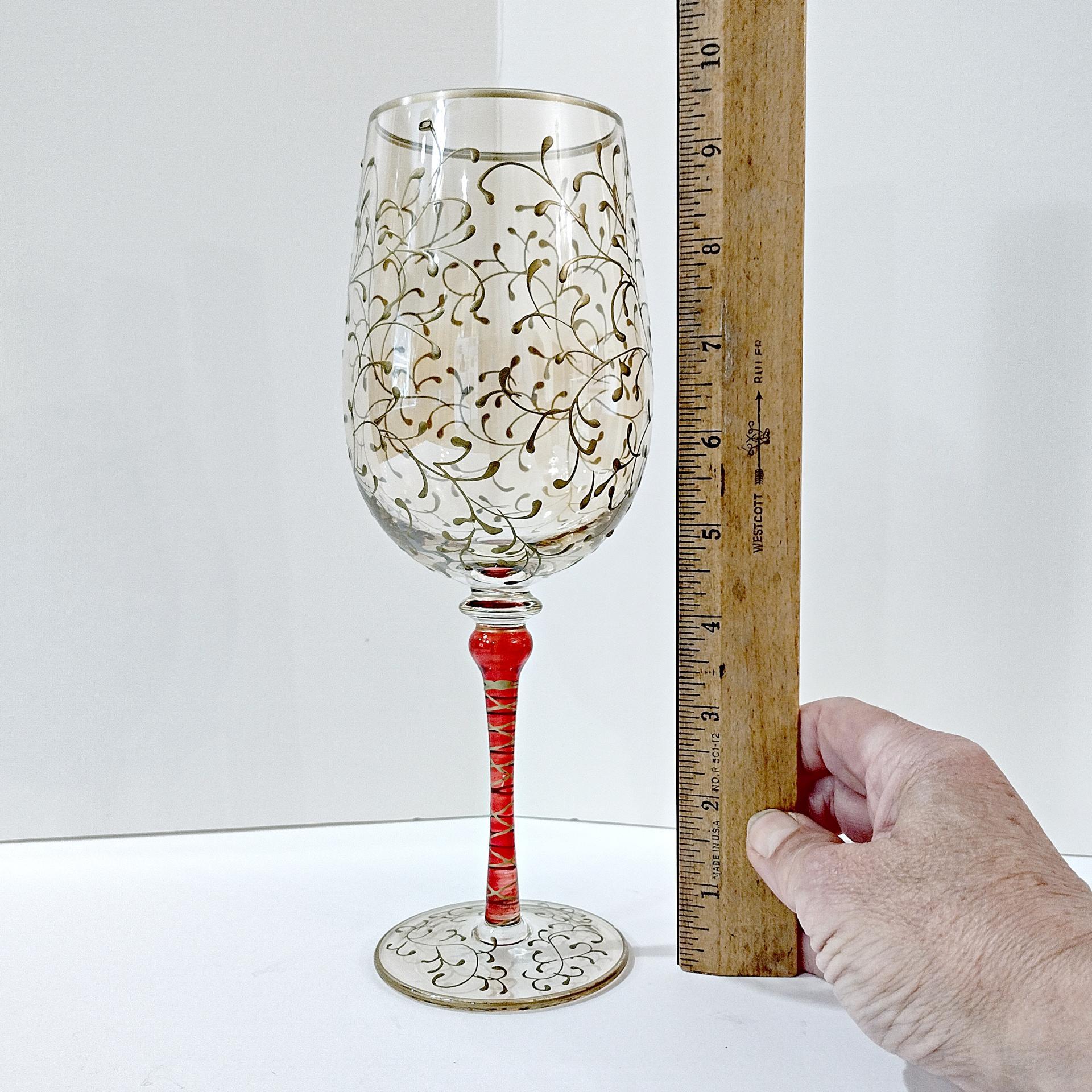 Vintage Pier 1 Gold and Red Swirled Filagree 16 Ounce Wine Glasses, Set of 2, Festive Holiday Barware