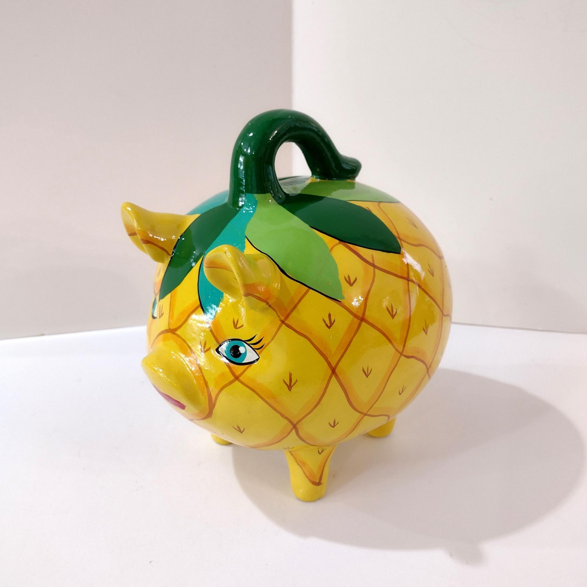 Vintage Hand Painted Mexican Piggy Bank, Pineapple Painted Pig Coin Bank