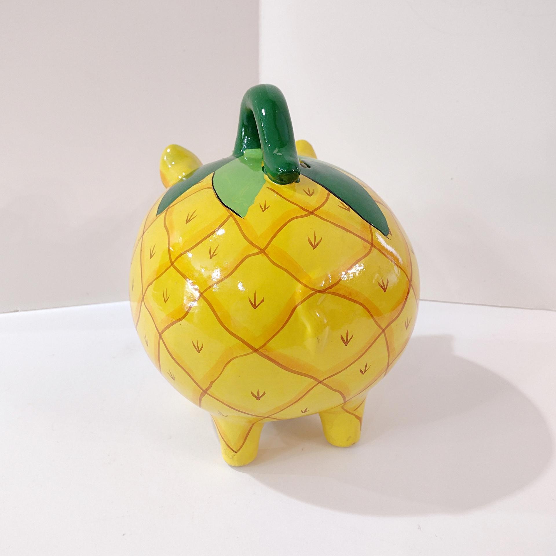Vintage Hand Painted Mexican Piggy Bank, Pineapple Painted Pig Coin Bank