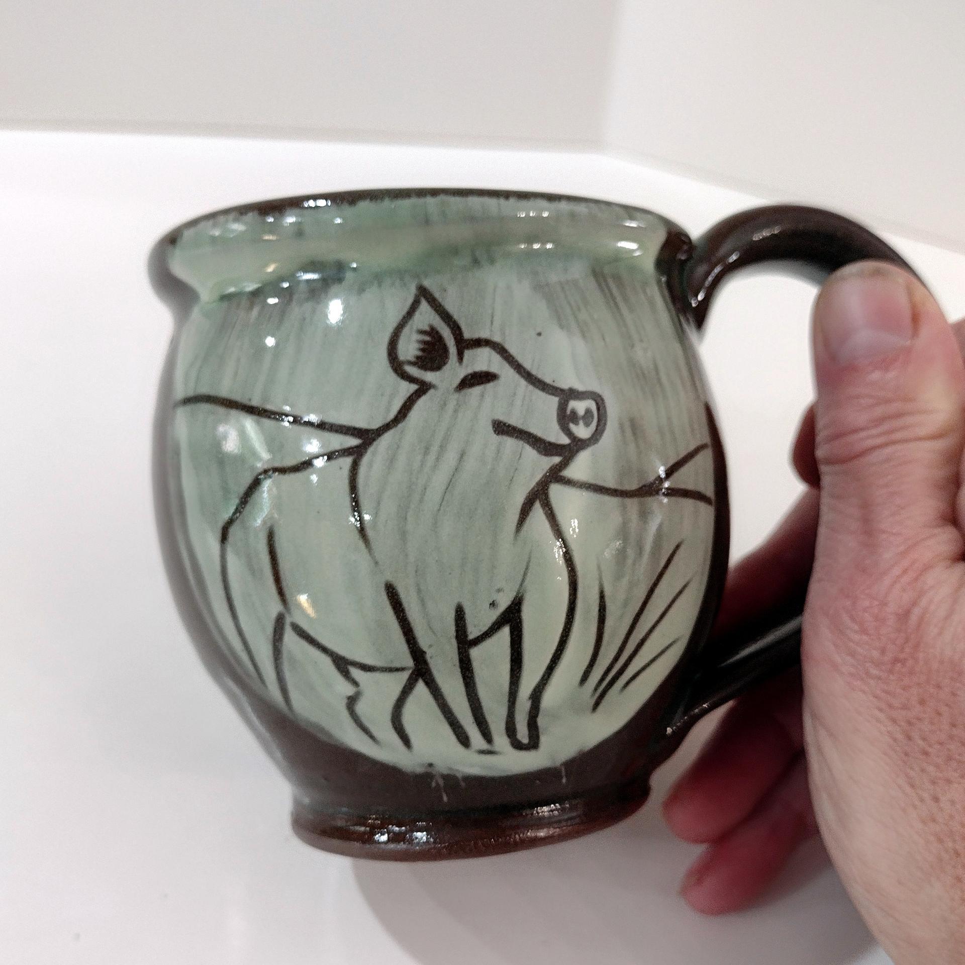 Vintage Hand Crafted Brown and Green Happy Pig Ceramic Mug, Pig Lover Farmer Gift