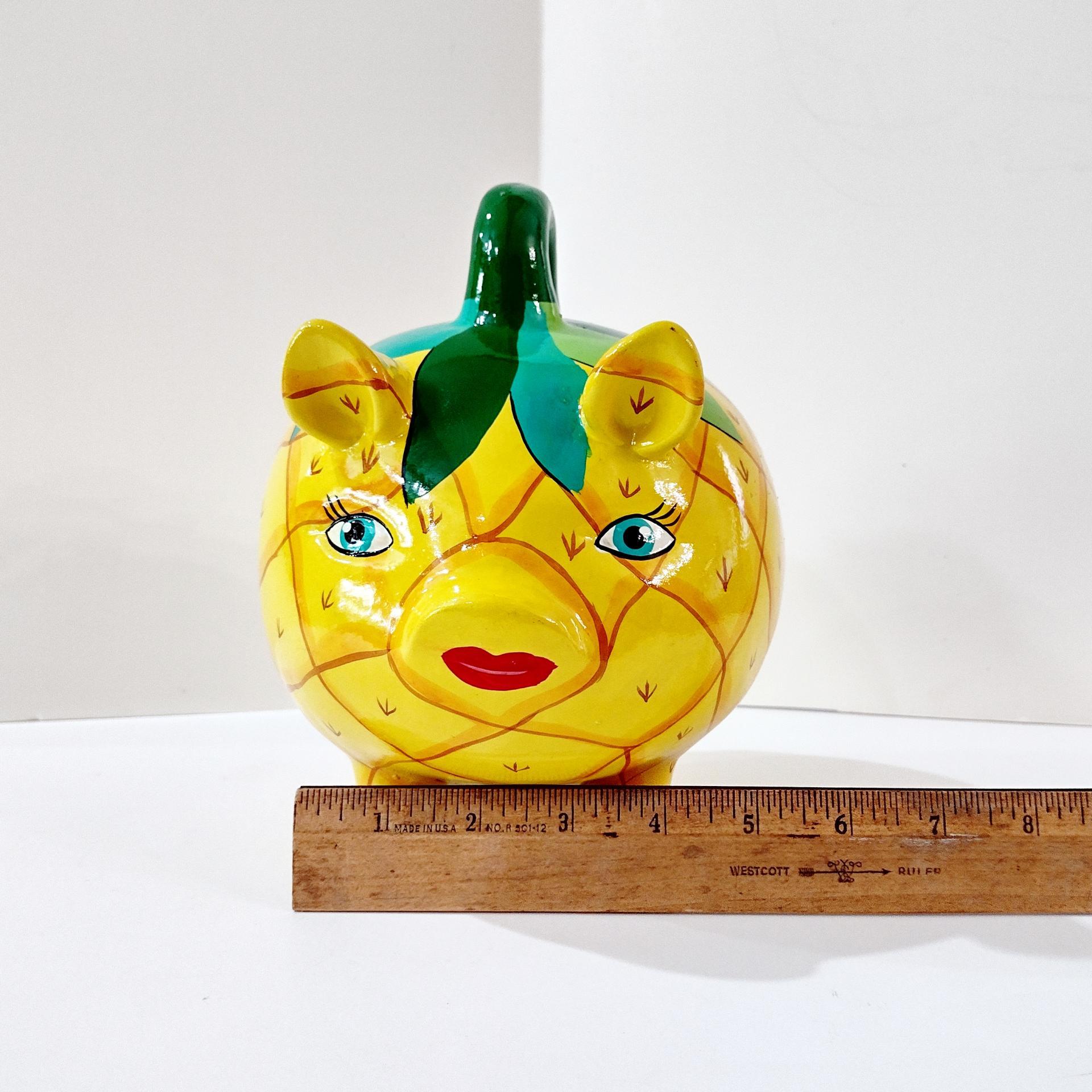 Vintage Hand Painted Mexican Piggy Bank, Pineapple Painted Pig Coin Bank