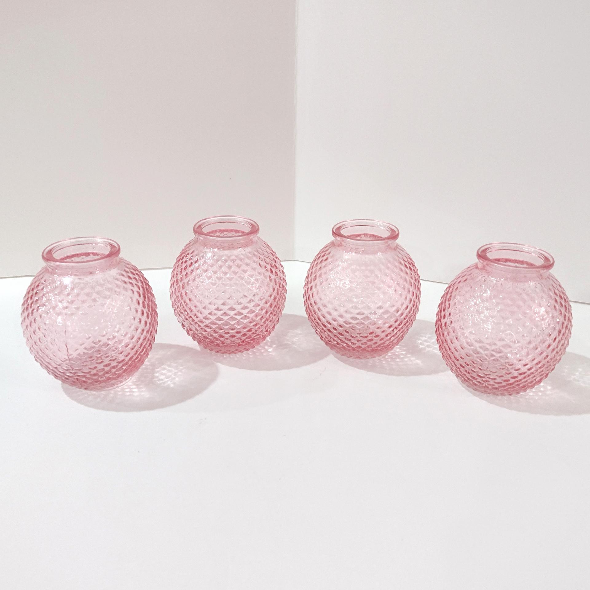 Pink Glass Round Hobnail Bud Vases, Set of Four, Small Globe Bud Flower Vases