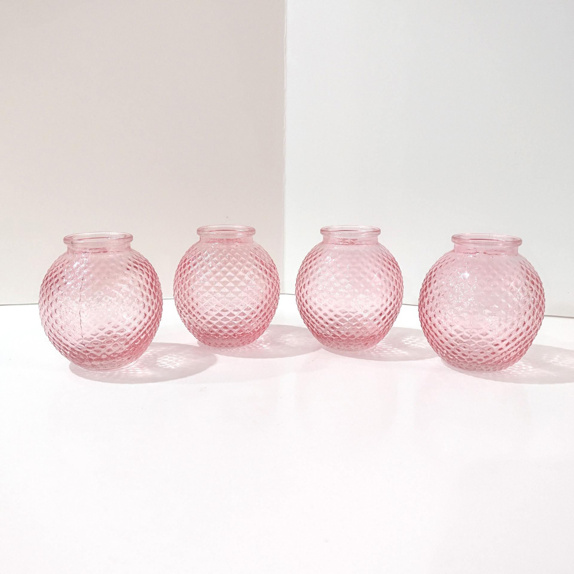 Pink Glass Round Hobnail Bud Vases, Set of Four, Small Globe Bud Flower Vases