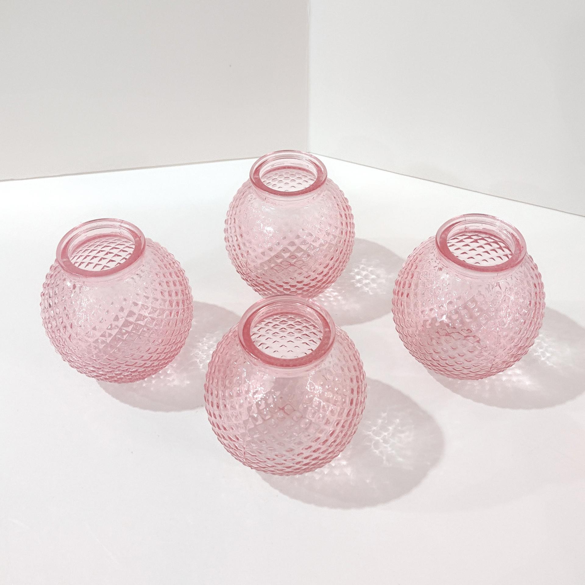 Pink Glass Round Hobnail Bud Vases, Set of Four, Small Globe Bud Flower Vases