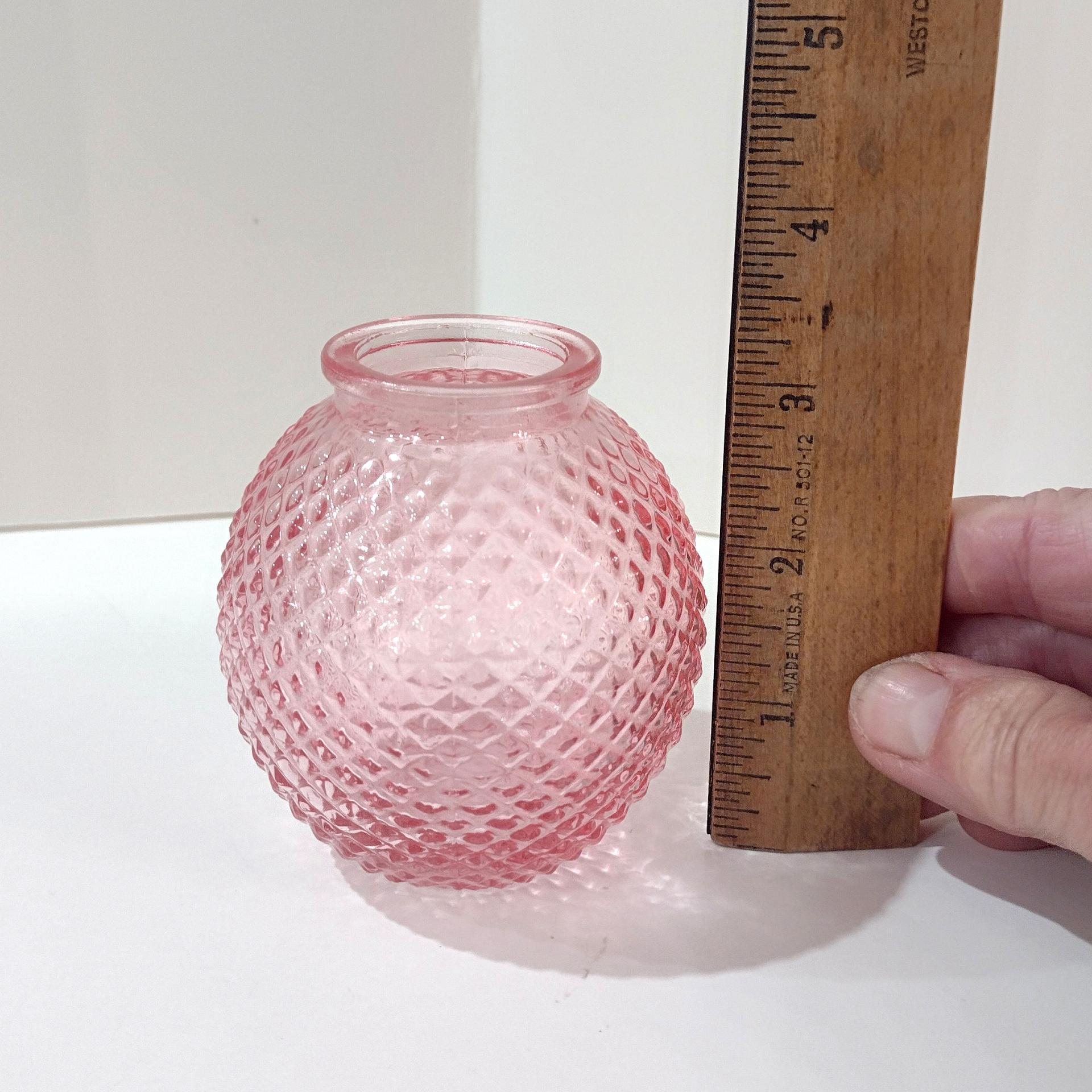 Pink Glass Round Hobnail Bud Vases, Set of Four, Small Globe Bud Flower Vases
