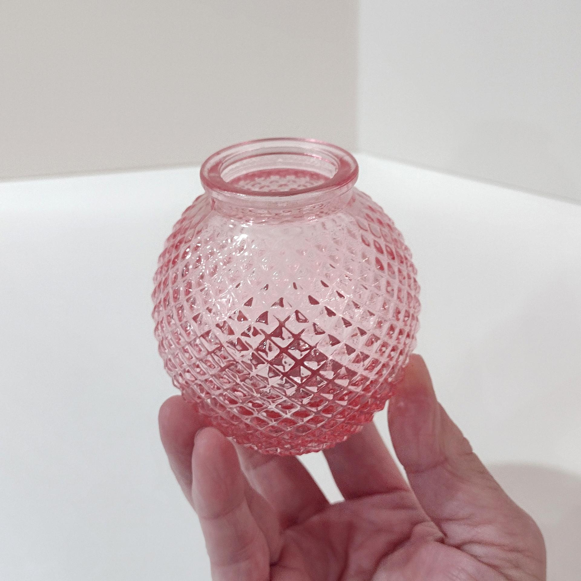 Pink Glass Round Hobnail Bud Vases, Set of Four, Small Globe Bud Flower Vases