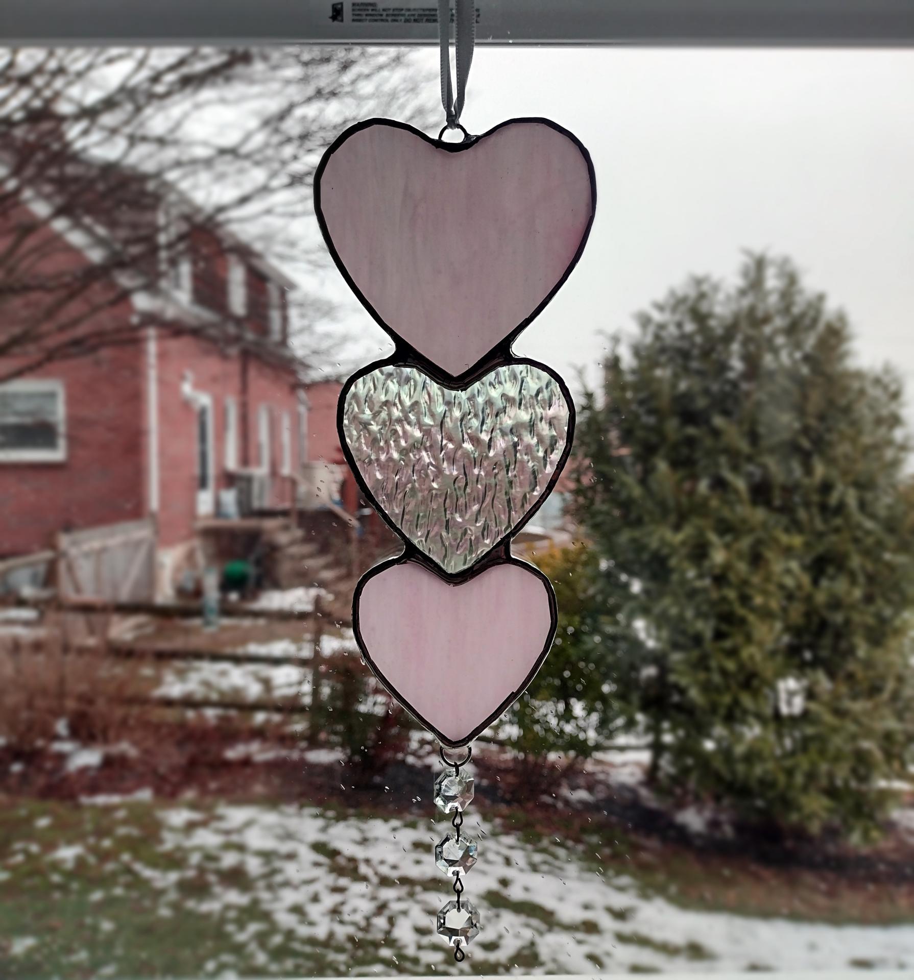 Nesting Hearts Stained Glass Suncatcher, Pink and Clear Iridescent