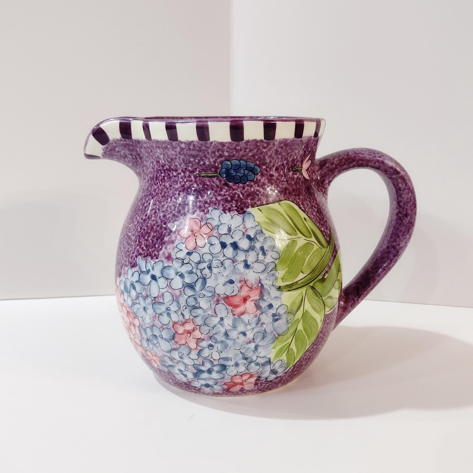 Vintage Laurie Gates Hydrangea Ceramic Purple Spongeware Pitcher