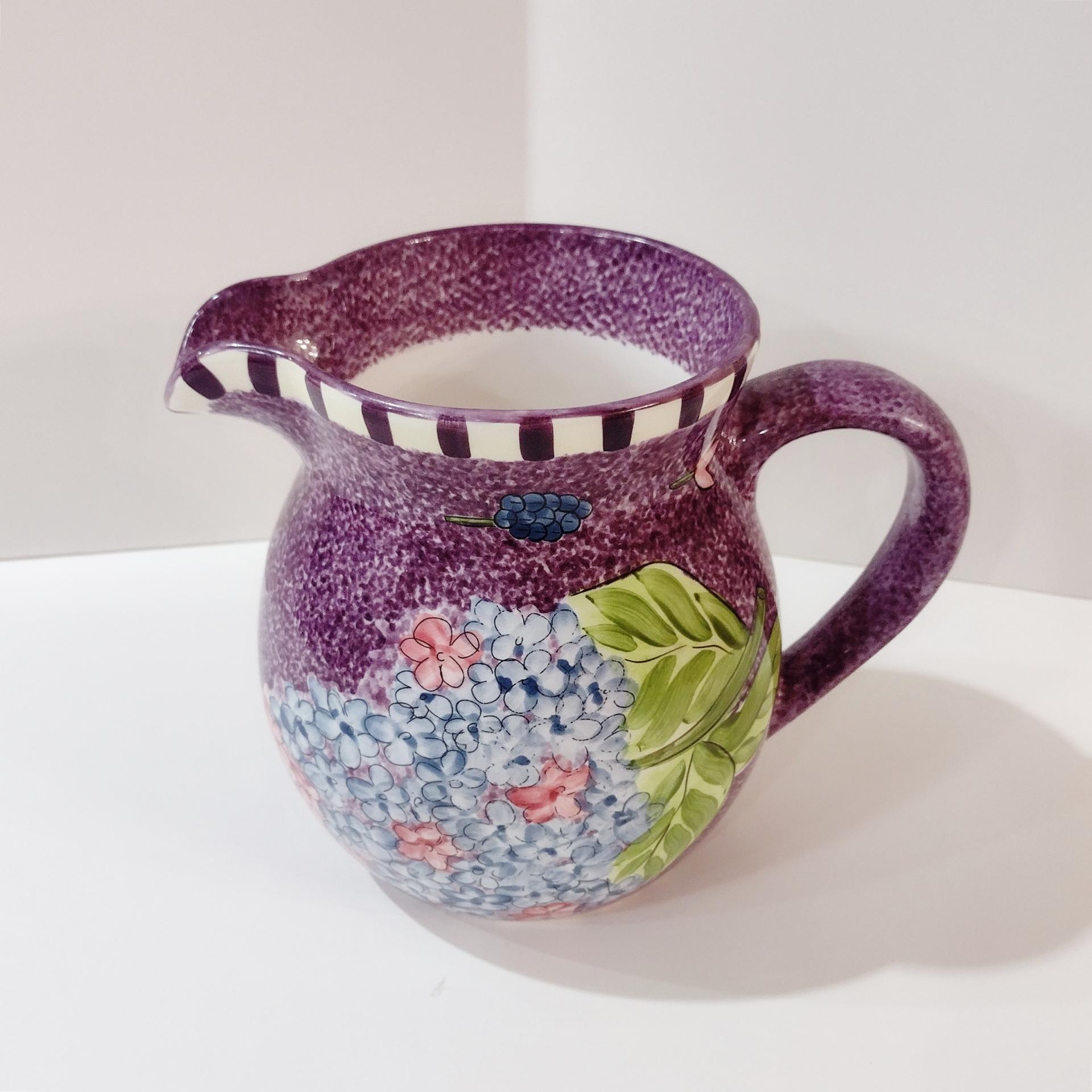Vintage Laurie Gates Hydrangea Ceramic Purple Spongeware Pitcher