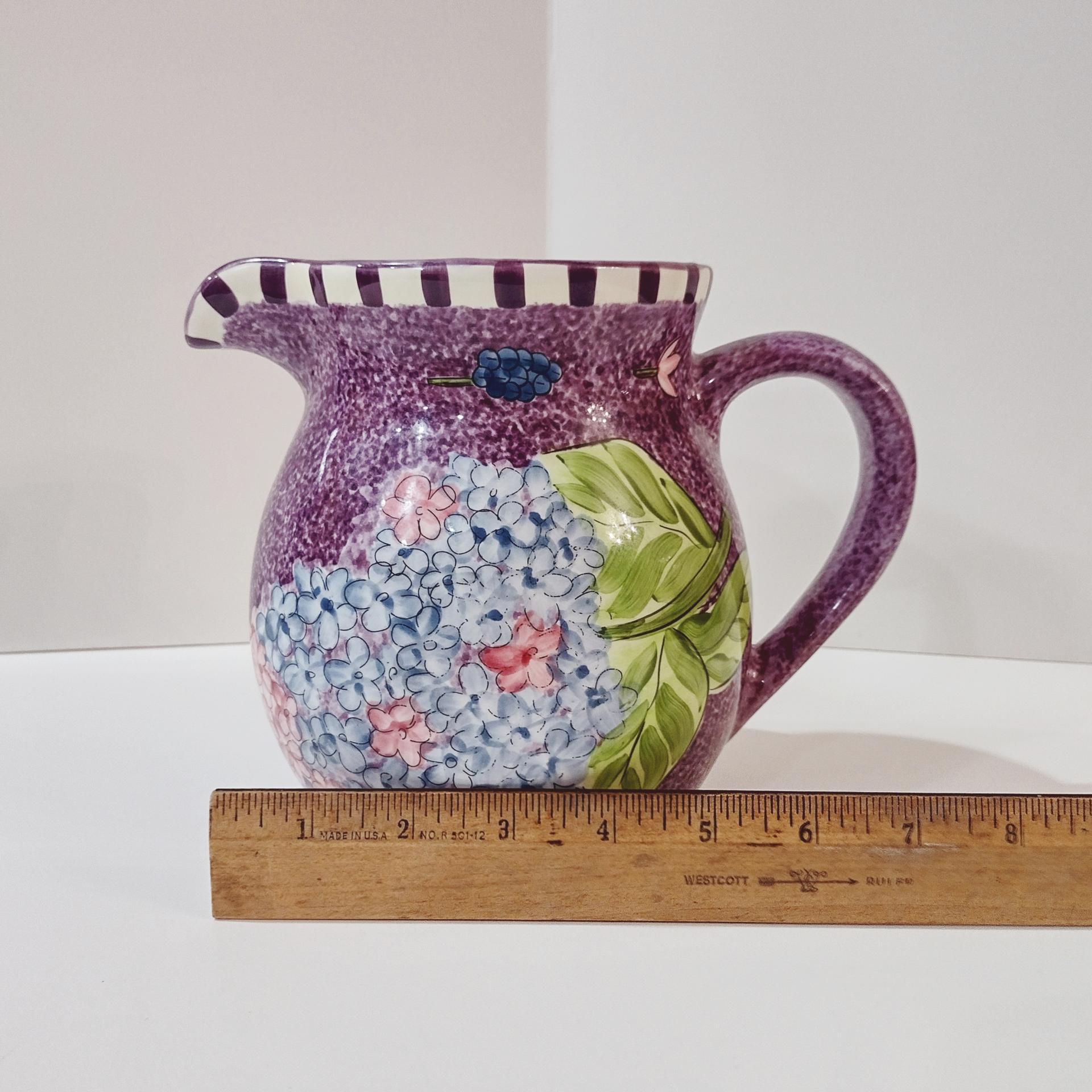 Vintage Laurie Gates Hydrangea Ceramic Purple Spongeware Pitcher