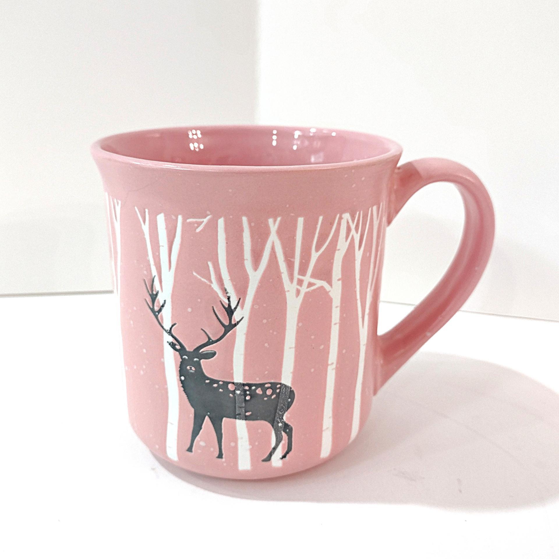 Vintage Pink Deer in the Woods Oversized Ceramic Coffee Tea Mug