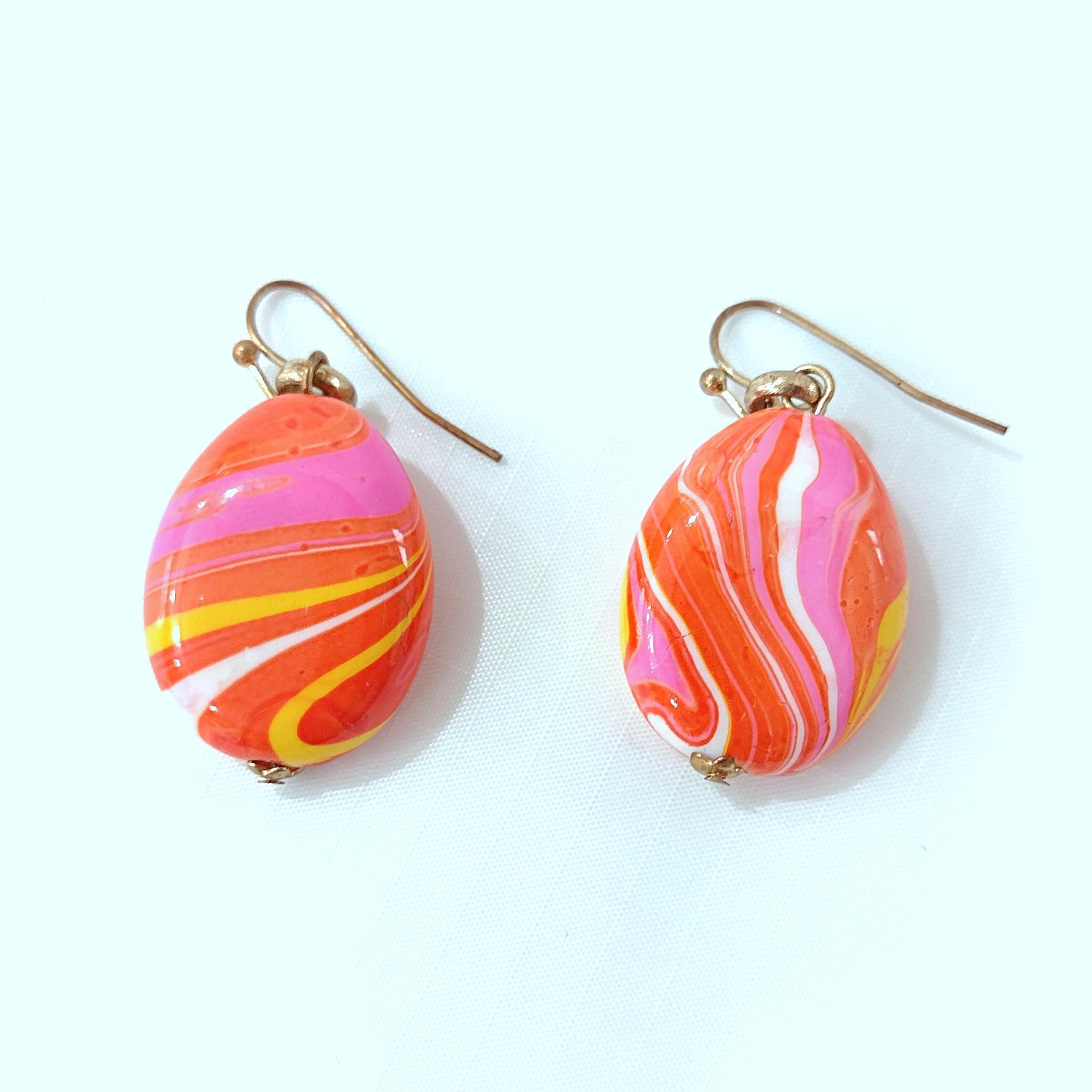 Vintage Pink, Orange, Yellow, and White Swirled Retro Dangle Drop Earrings