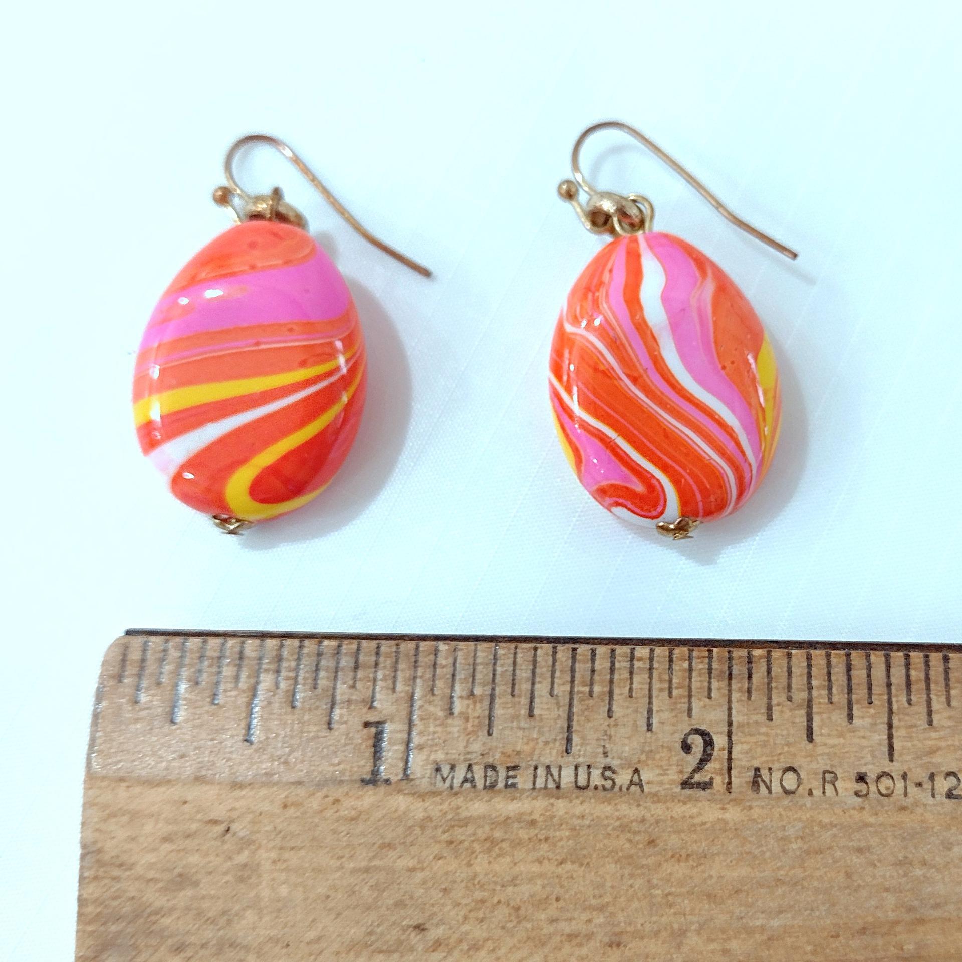 Vintage Pink, Orange, Yellow, and White Swirled Retro Dangle Drop Earrings
