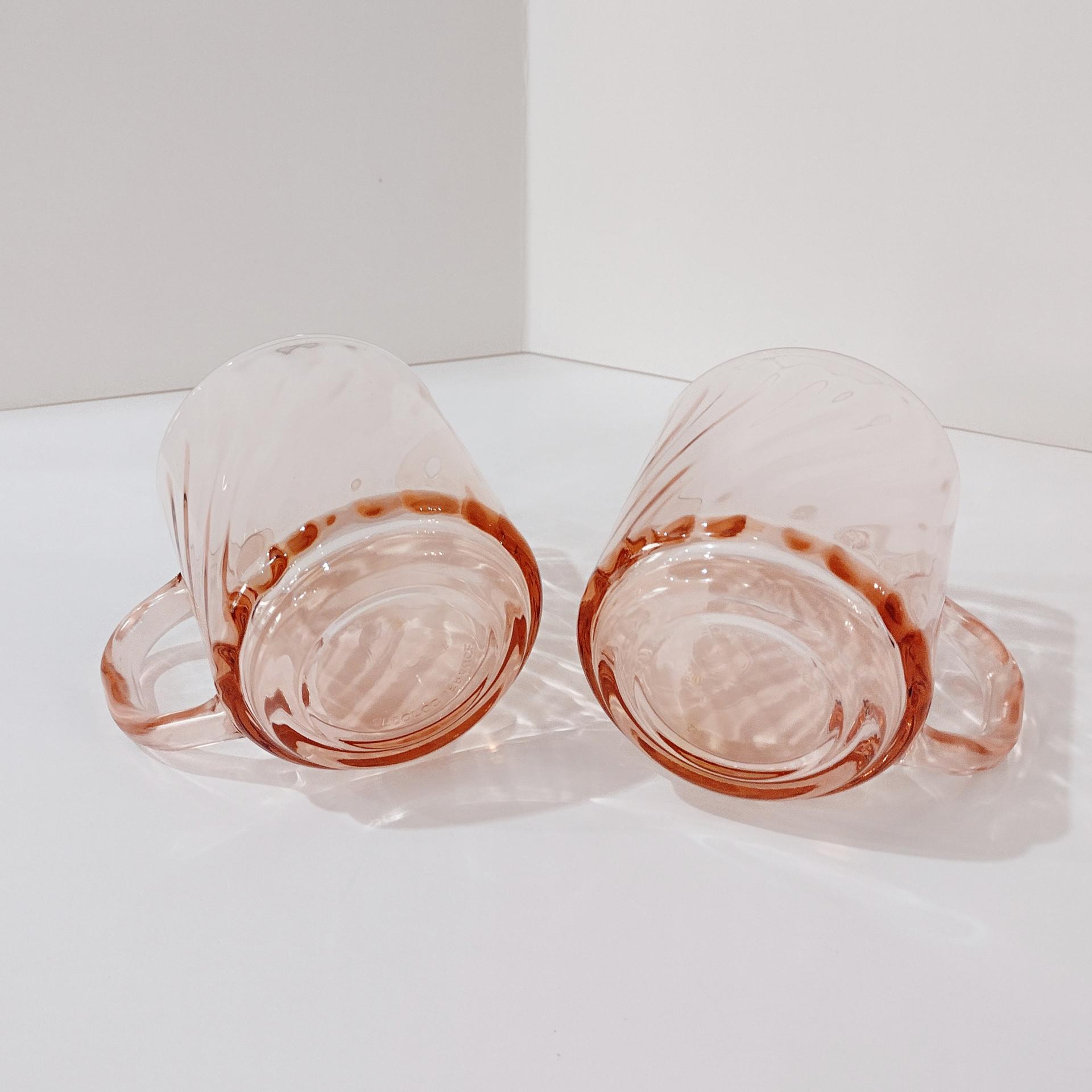 Vintage Arcoroc France Rosaline Pink Swirl Optic Glass Mugs, Set of Two