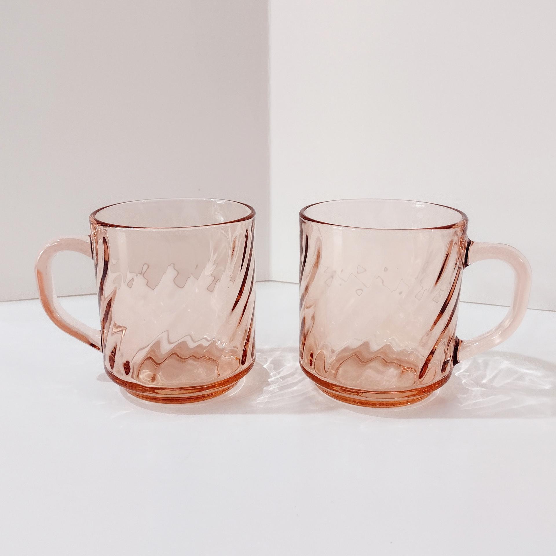 Vintage Arcoroc France Rosaline Pink Swirl Optic Glass Mugs, Set of Two