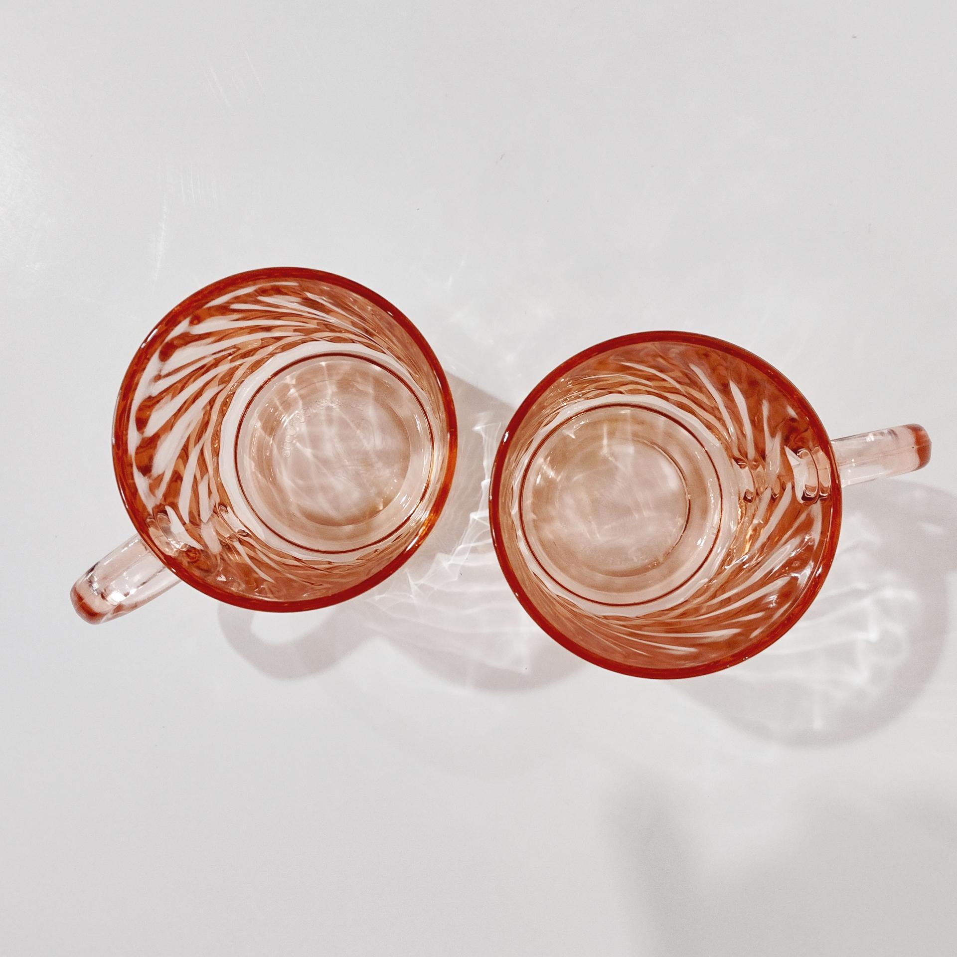 Vintage Arcoroc France Rosaline Pink Swirl Optic Glass Mugs, Set of Two