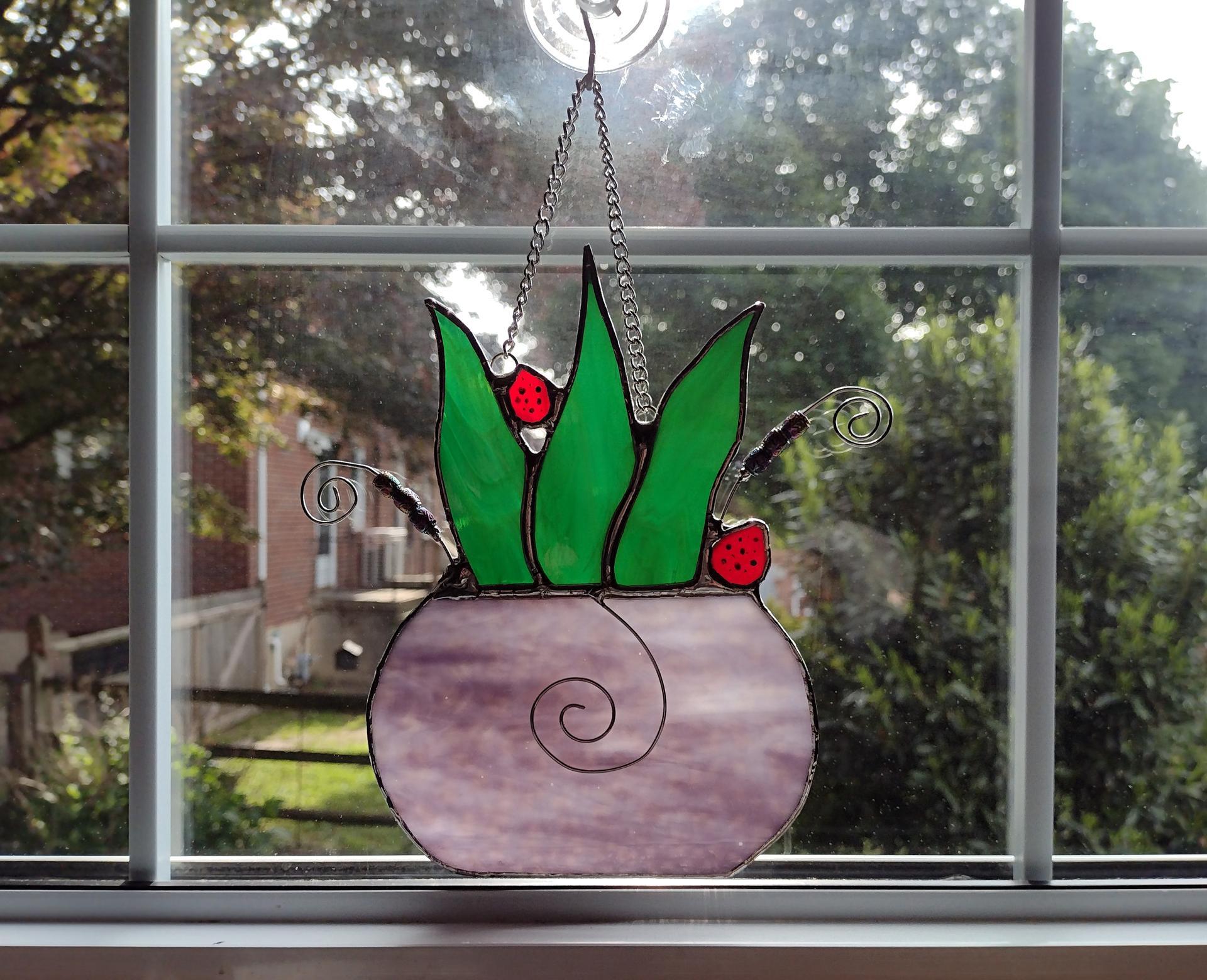 Stained Glass Potted Snake Plant Suncatcher with Lady Bugs