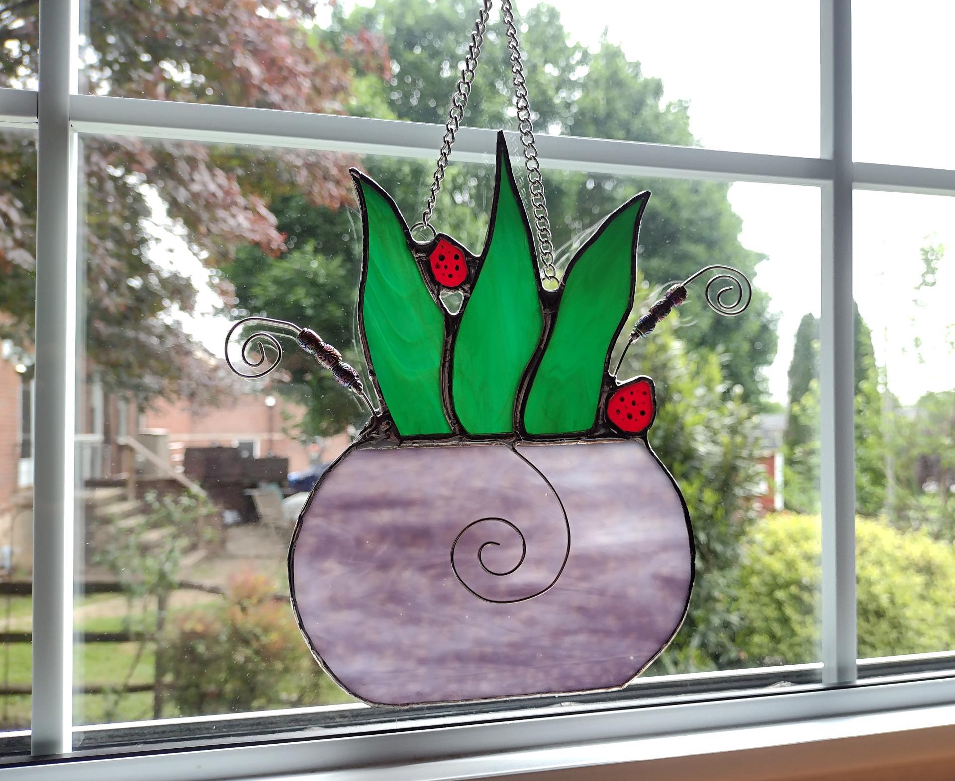 Stained Glass Potted Snake Plant Suncatcher with Lady Bugs