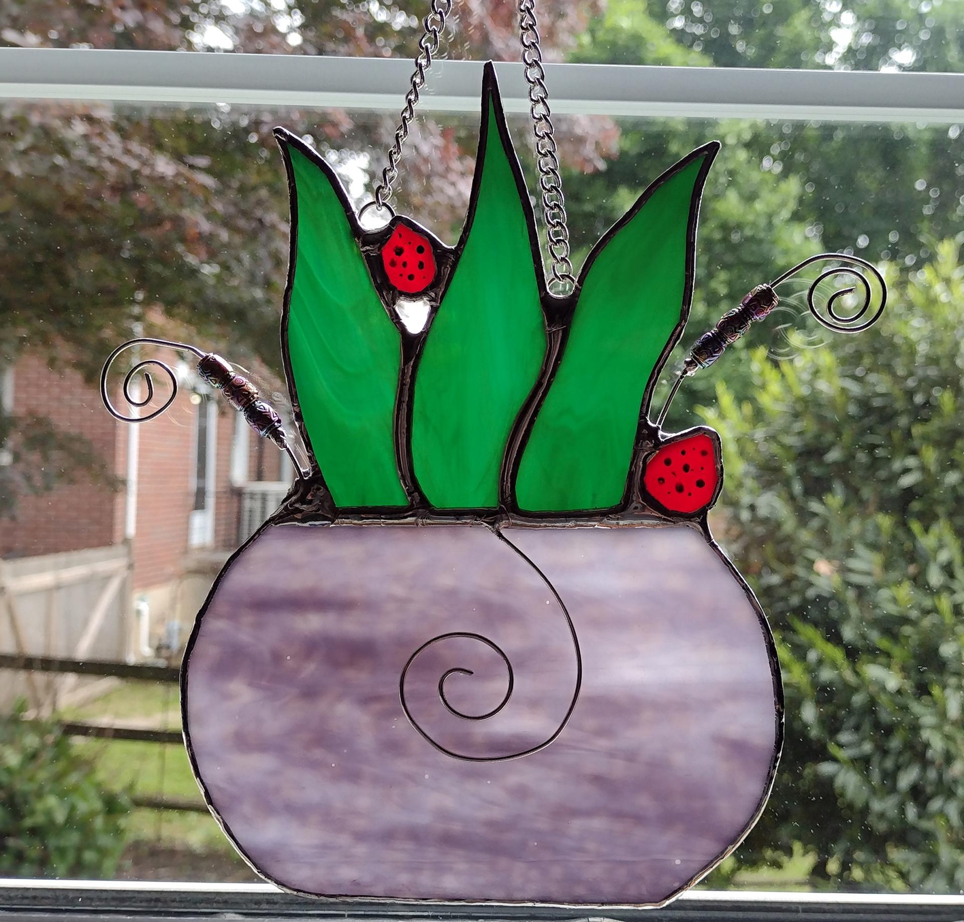 Stained Glass Potted Snake Plant Suncatcher with Lady Bugs