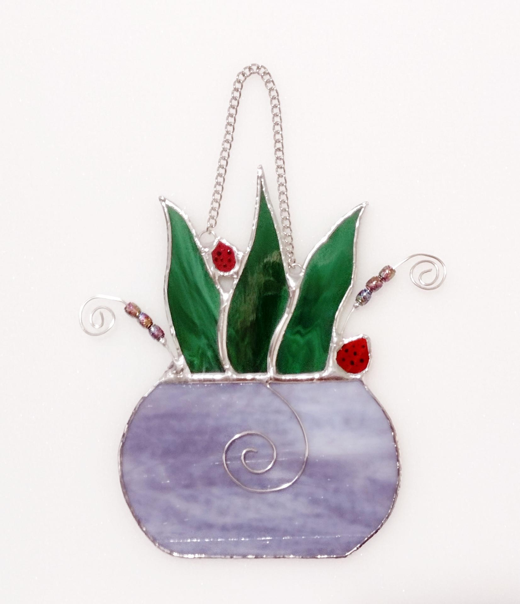 Stained Glass Potted Snake Plant Suncatcher with Lady Bugs