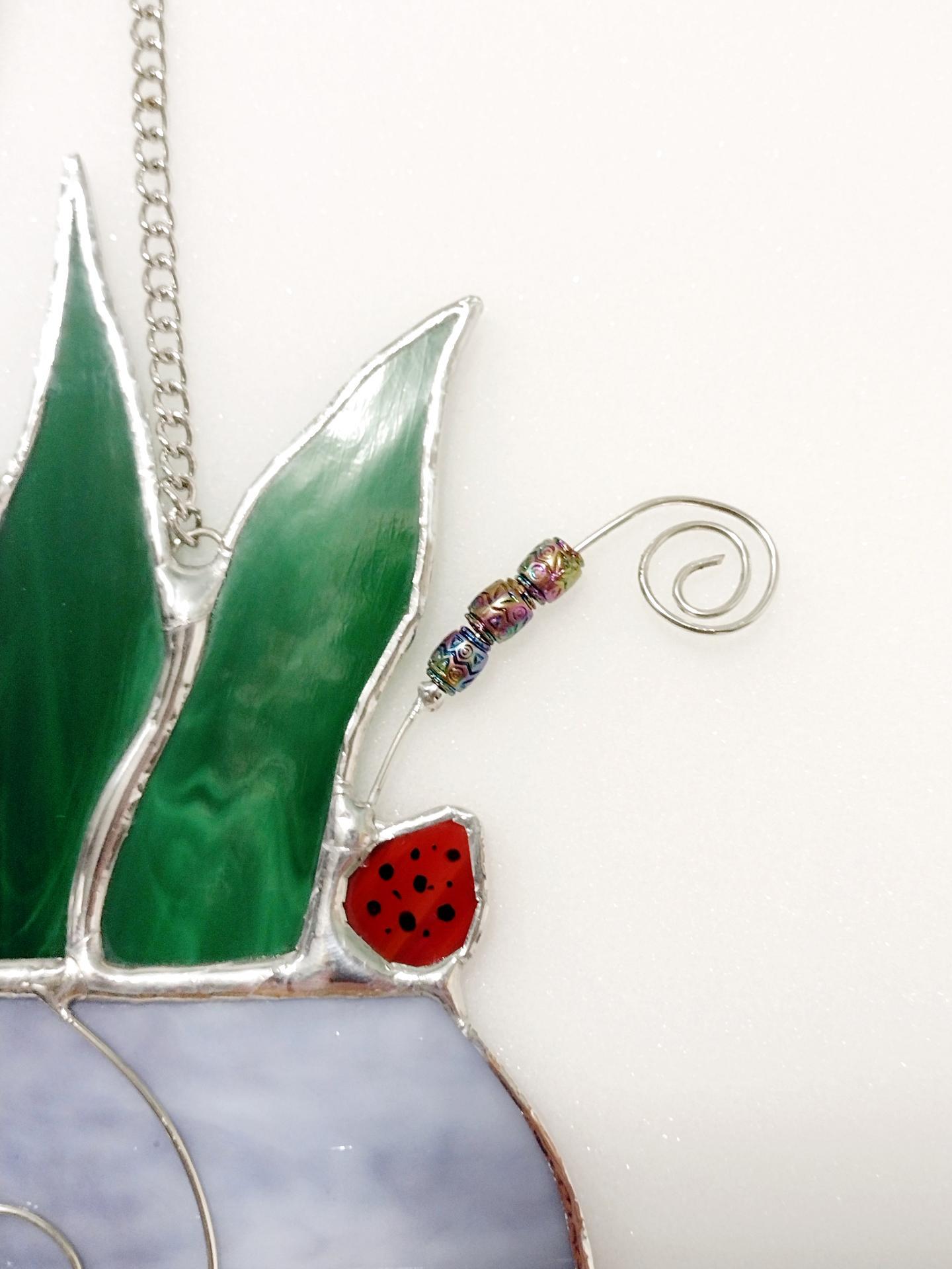 Stained Glass Potted Snake Plant Suncatcher with Lady Bugs