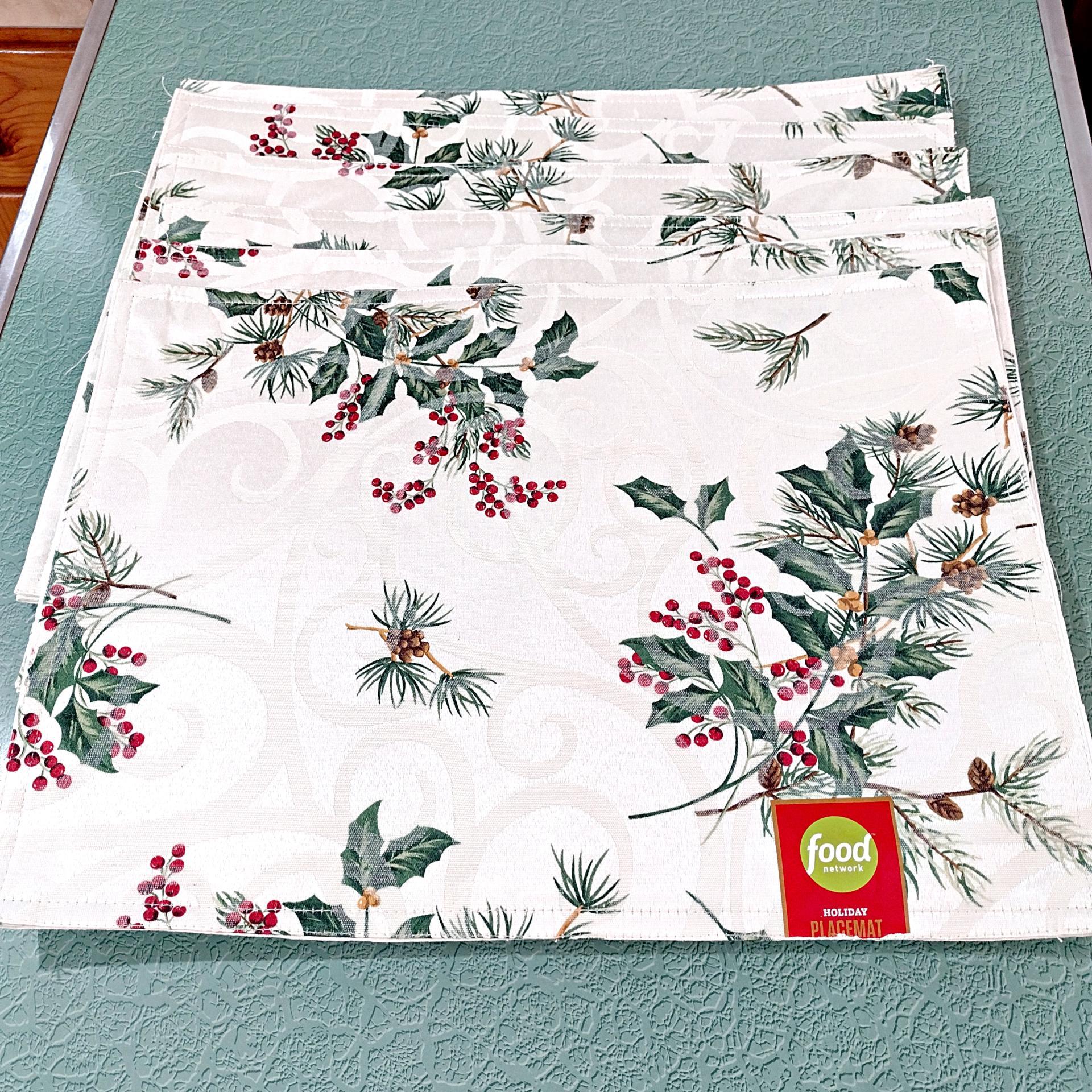 Vintage NEW Food Network Holiday Reversable Placemats, Set of 6, Holly Berry and Pinecone Design, Christmas Winter Table Decor