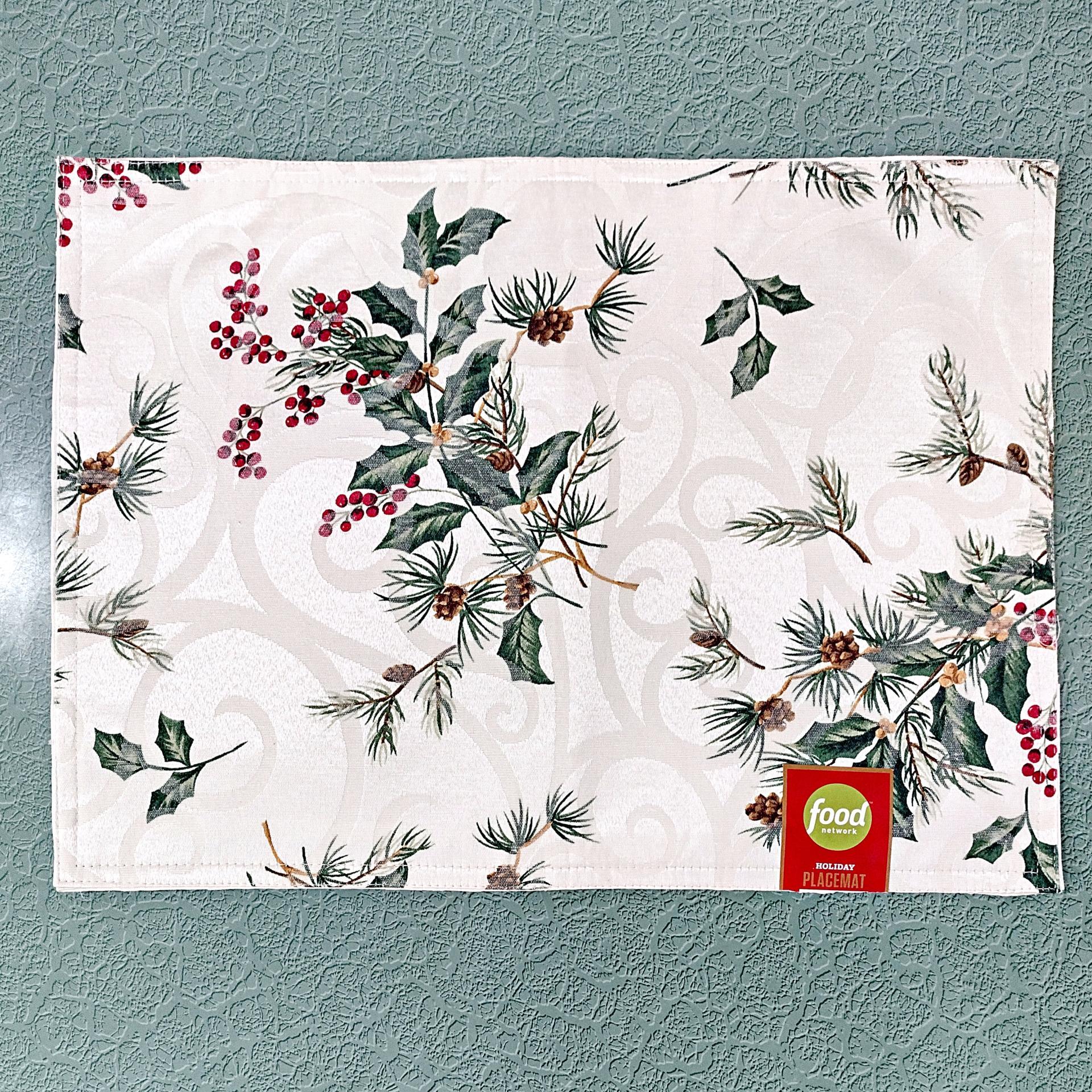 Vintage NEW Food Network Holiday Reversable Placemats, Set of 6, Holly Berry and Pinecone Design, Christmas Winter Table Decor