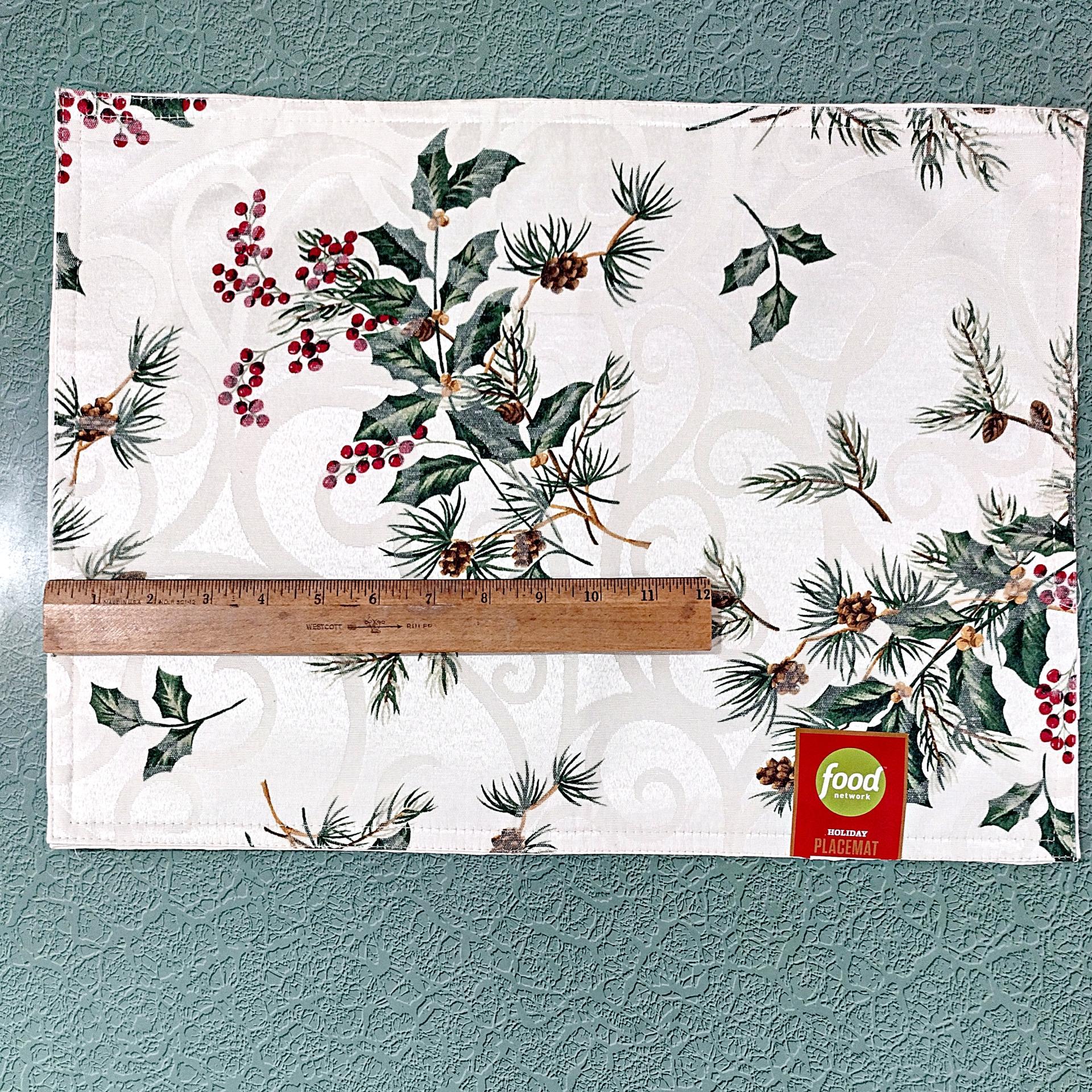 Vintage NEW Food Network Holiday Reversable Placemats, Set of 6, Holly Berry and Pinecone Design, Christmas Winter Table Decor