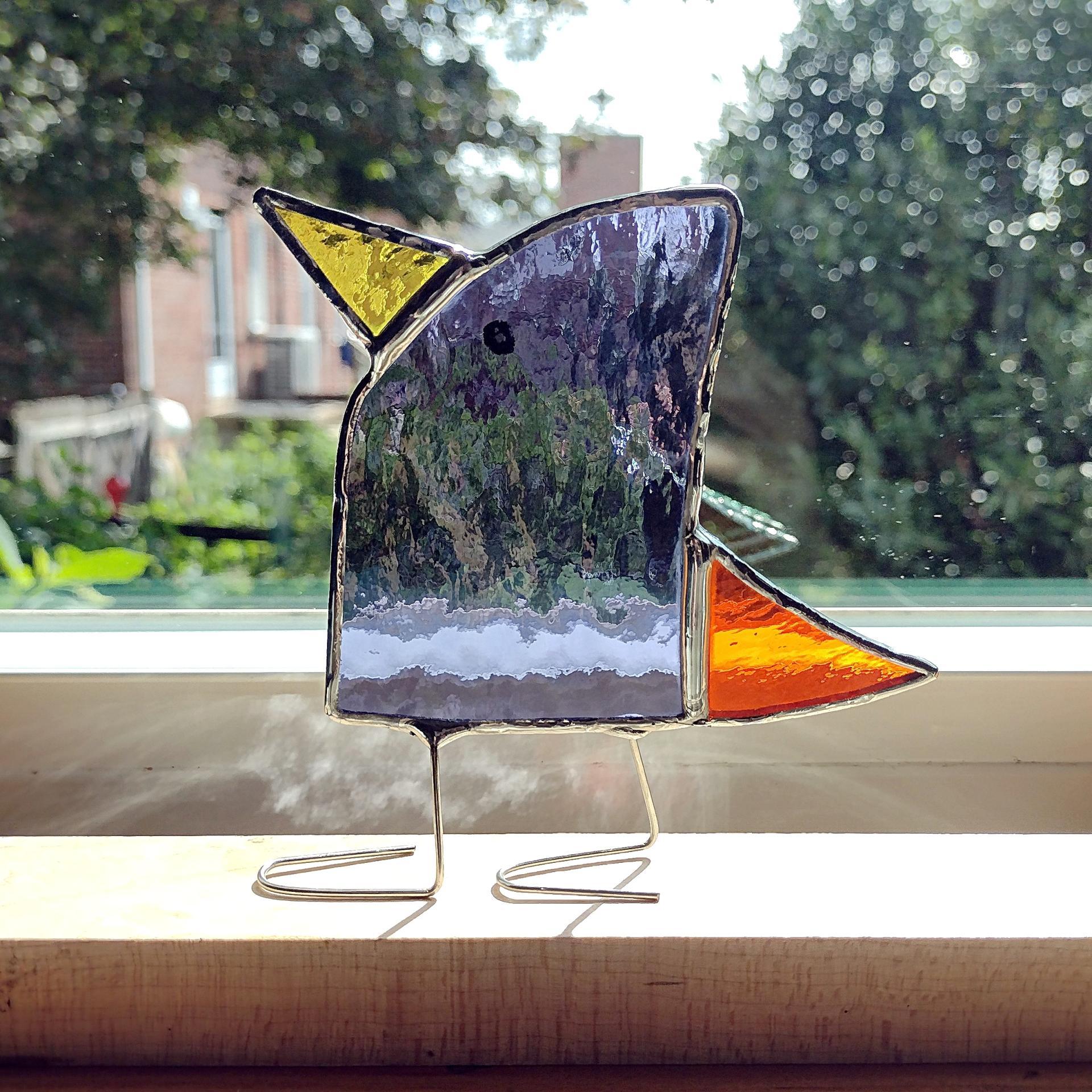 Stained Glass Standing Bird, Funky Purple and Orange Glass Bird Suncatcher, Bird Lover Gift, Windowsill Sitter