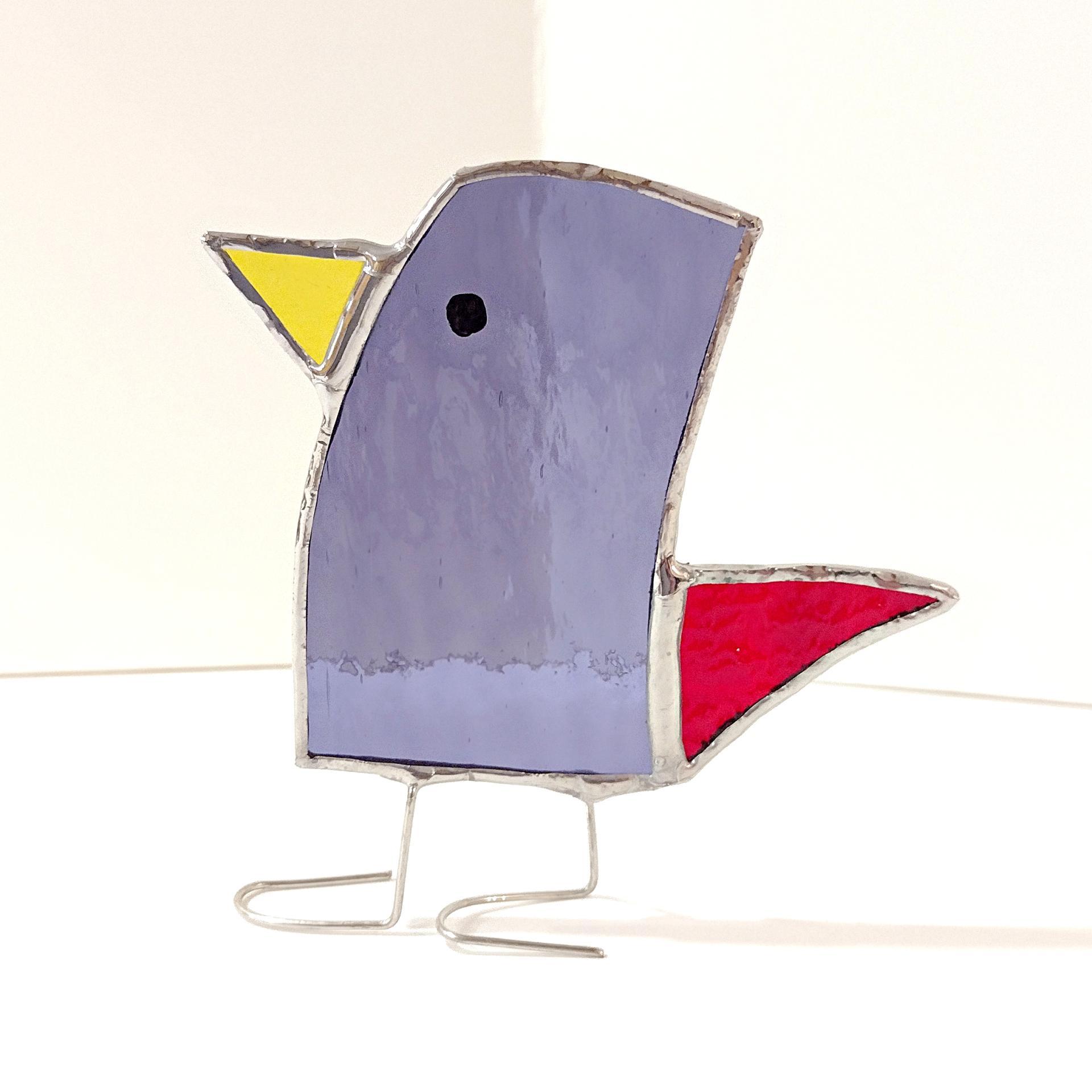 Stained Glass Standing Bird, Funky Glass Bird, Purple and Red Bird Suncatcher, Windowsill Free Standing Bird
