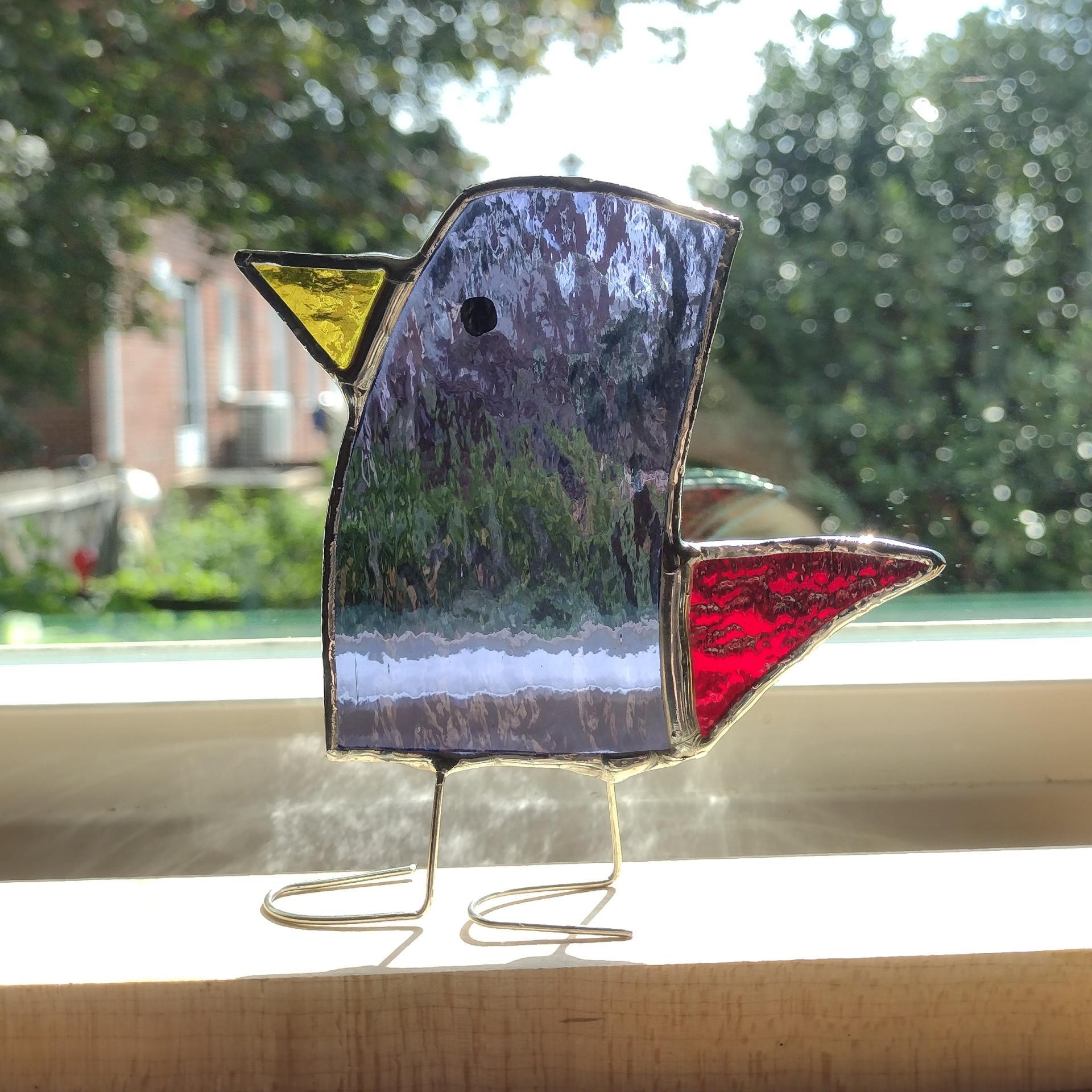 Stained Glass Standing Bird, Funky Glass Bird, Purple and Red Bird Suncatcher, Windowsill Free Standing Bird