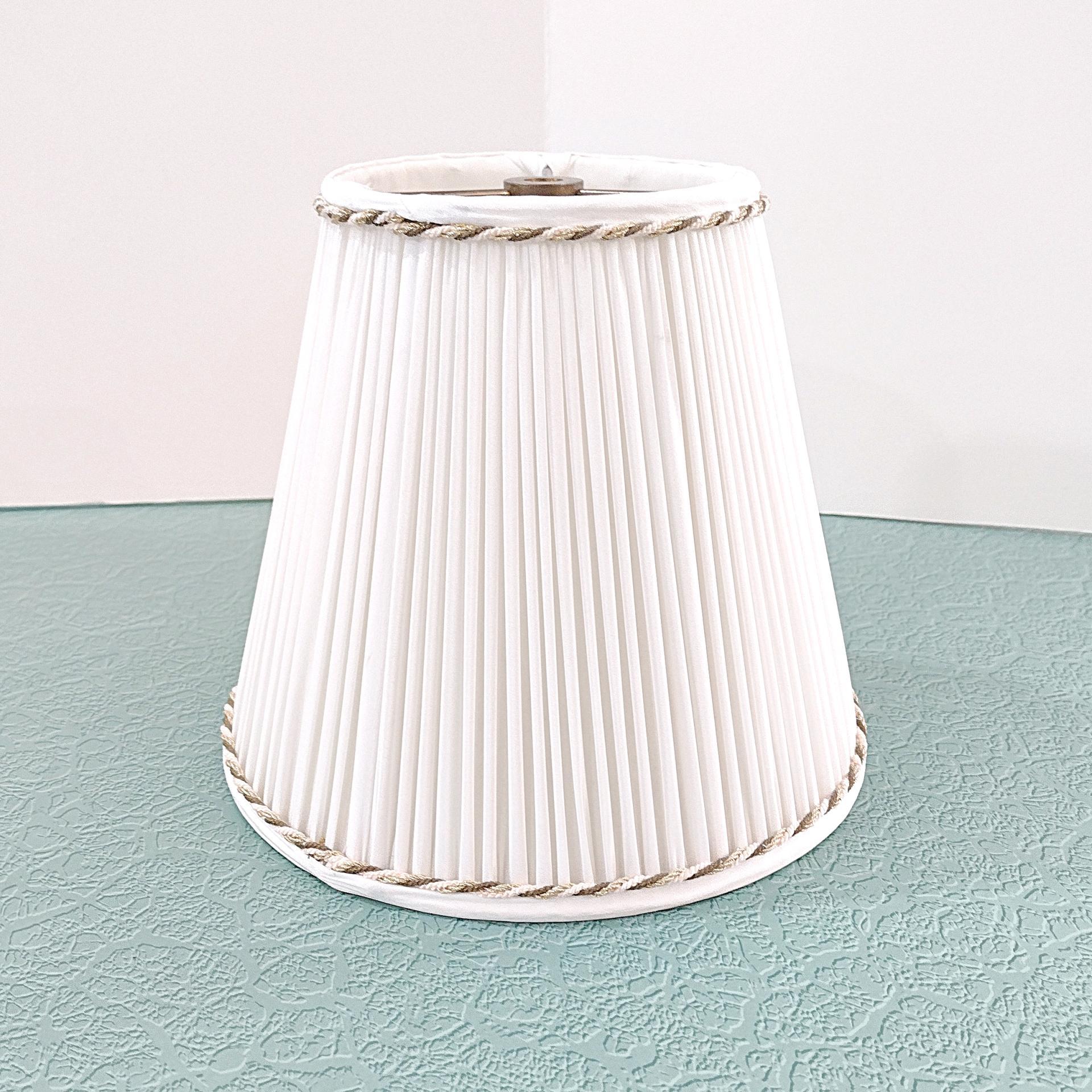 Vintage White Pleated Lampshade with Brown and Gold Braid Accents, Medium Sized Neutral Bell Lampshade