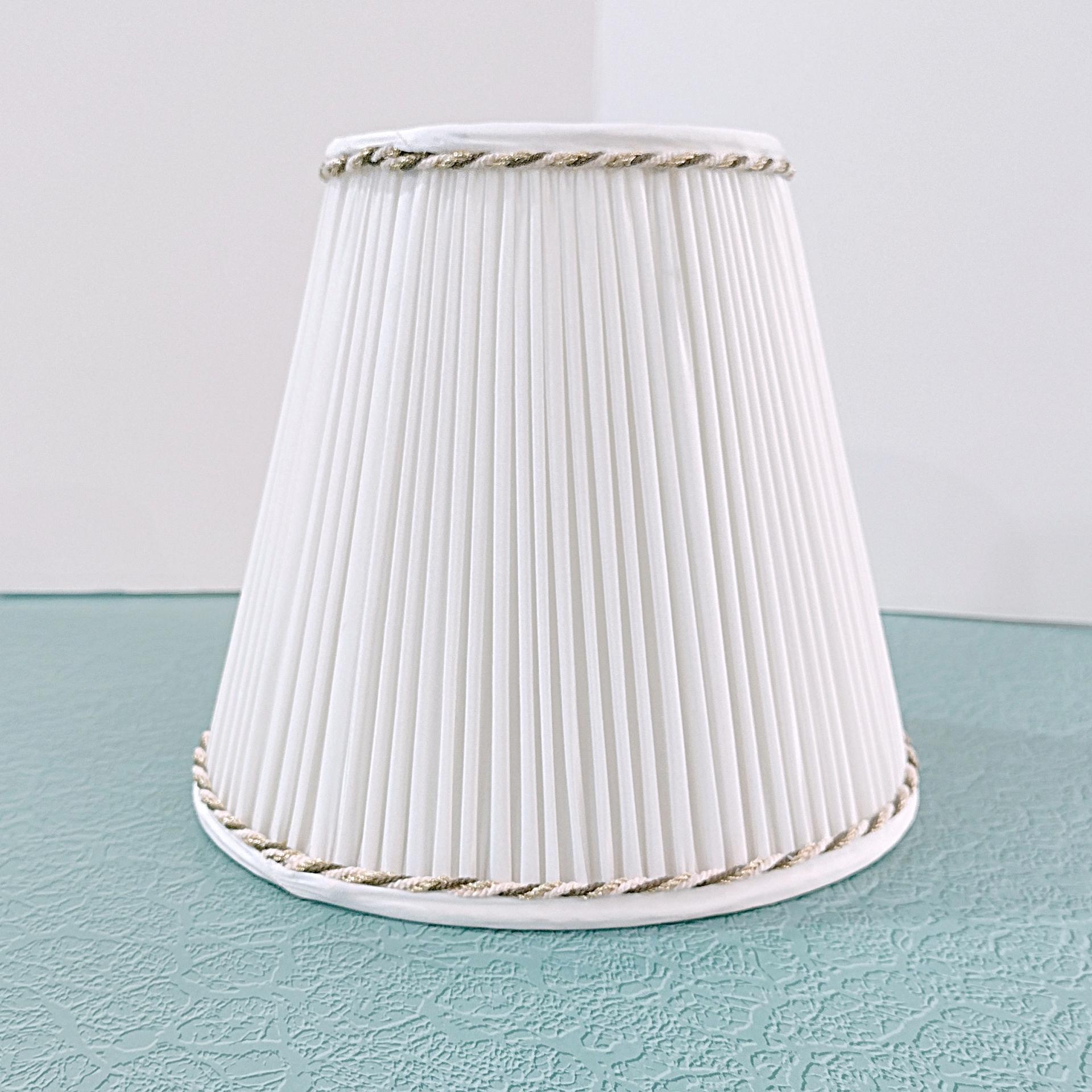 Vintage White Pleated Lampshade with Brown and Gold Braid Accents, Medium Sized Neutral Bell Lampshade