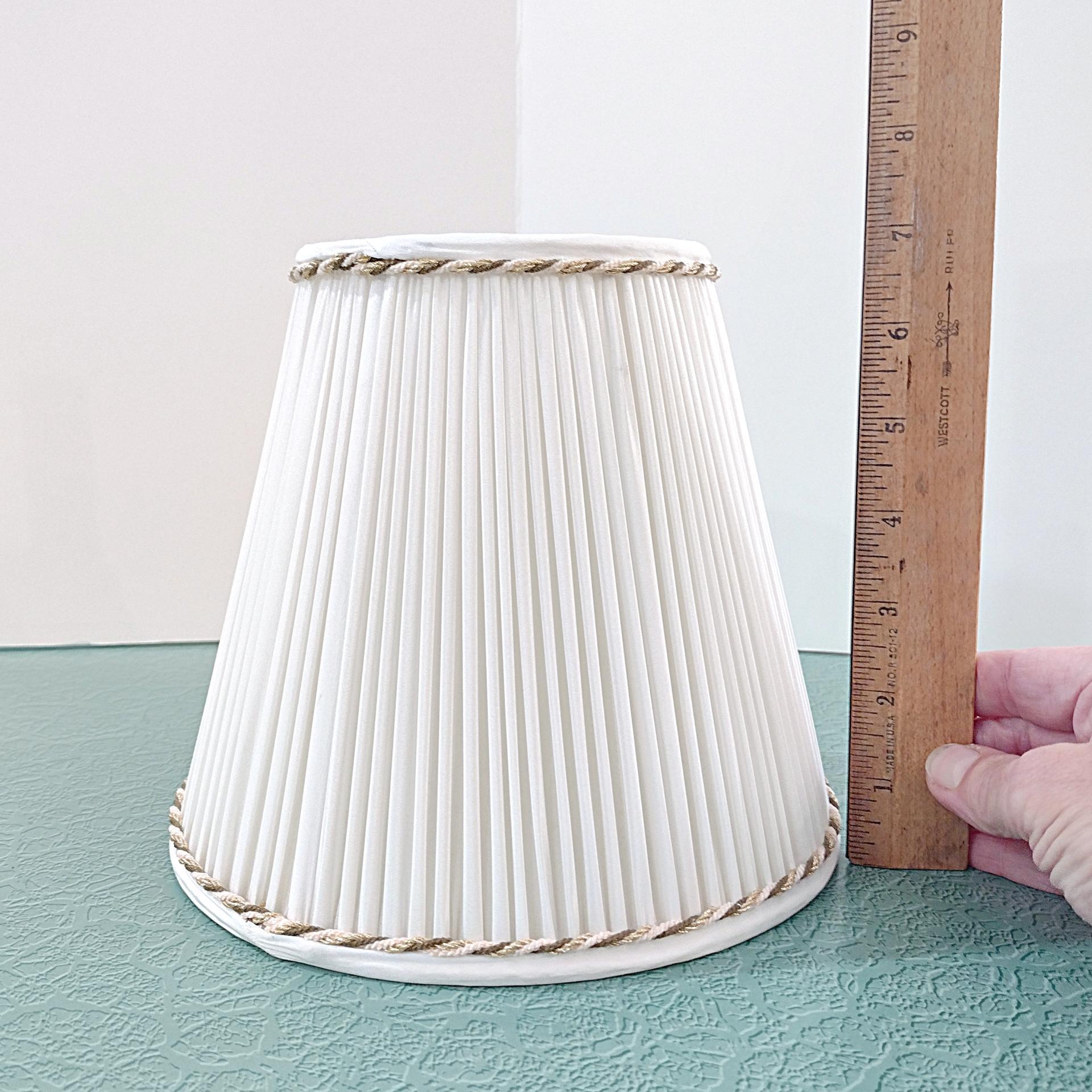 Vintage White Pleated Lampshade with Brown and Gold Braid Accents, Medium Sized Neutral Bell Lampshade