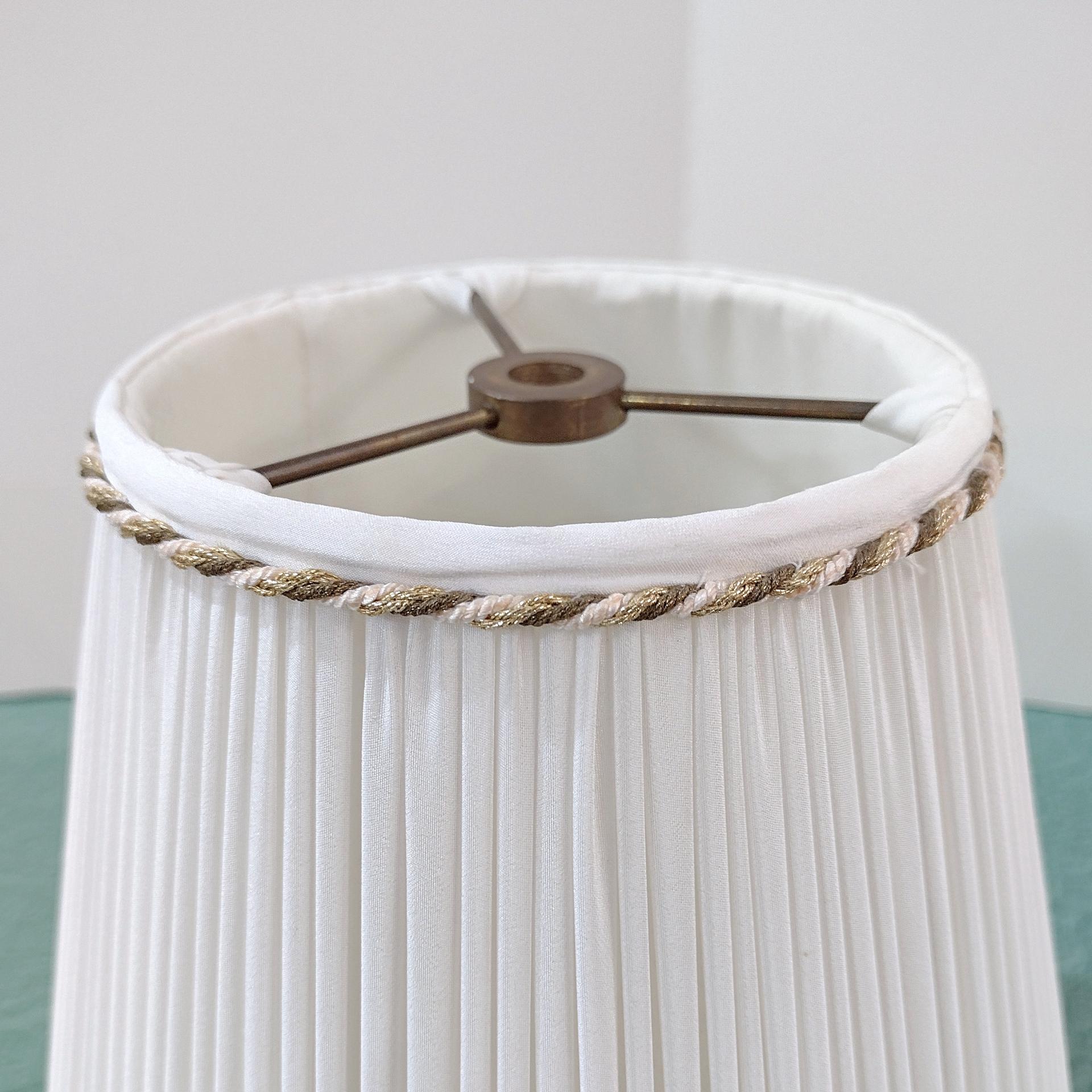 Vintage White Pleated Lampshade with Brown and Gold Braid Accents, Medium Sized Neutral Bell Lampshade
