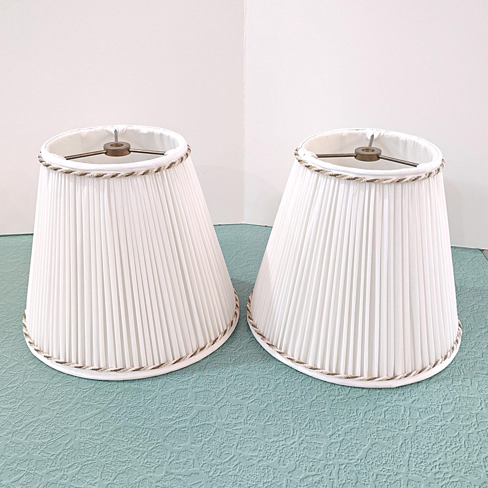 Vintage White Pleated Lampshade with Brown and Gold Braid Accents, Medium Sized Neutral Bell Lampshade