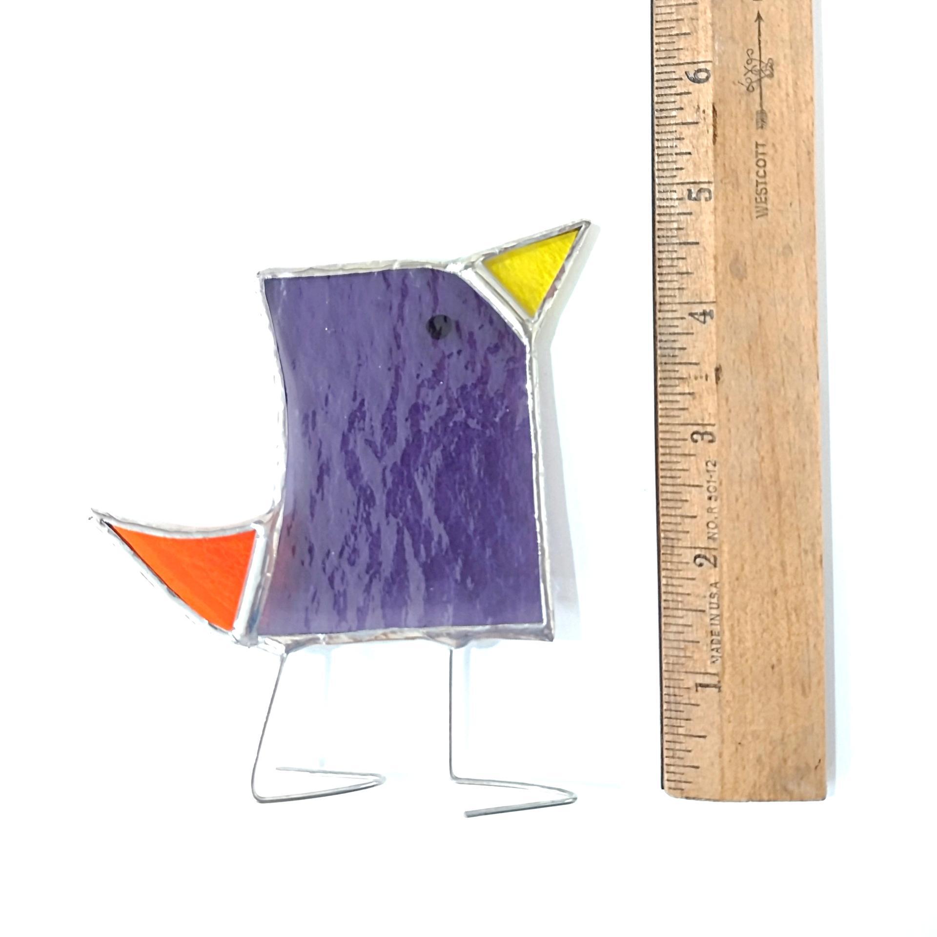 Stained Glass Standing Bird, Funky Glass Bird, Purple and Orange Bird Suncatcher, Windowsill Sitter