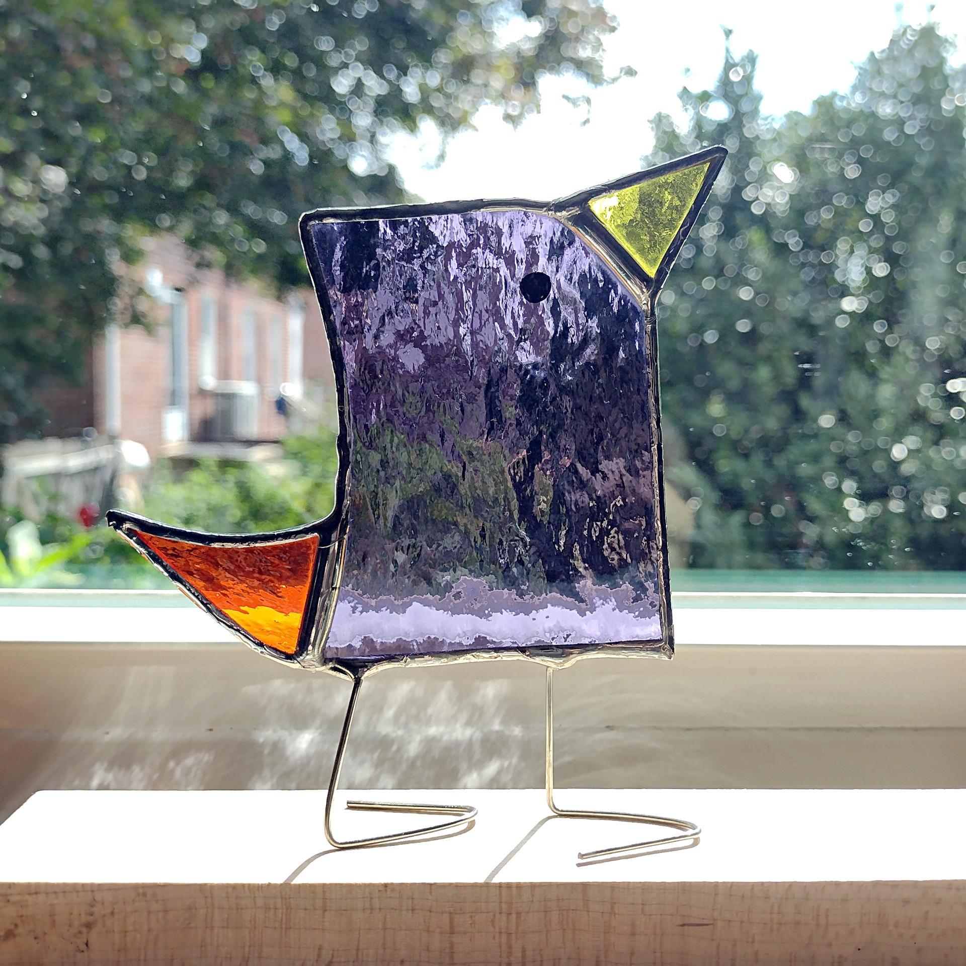 Stained Glass Standing Bird, Funky Glass Bird, Purple and Orange Bird Suncatcher, Windowsill Sitter