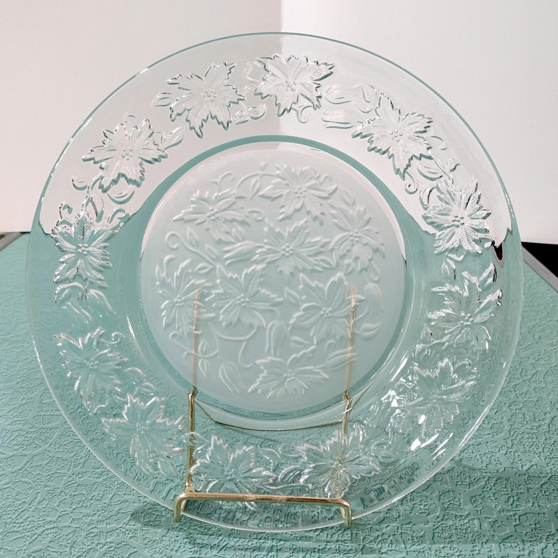 Vintage Princess House Fantasia Dinner Plates, Set of Two, Clear and Frosted Glass Plates with Poinsettia Floral Design