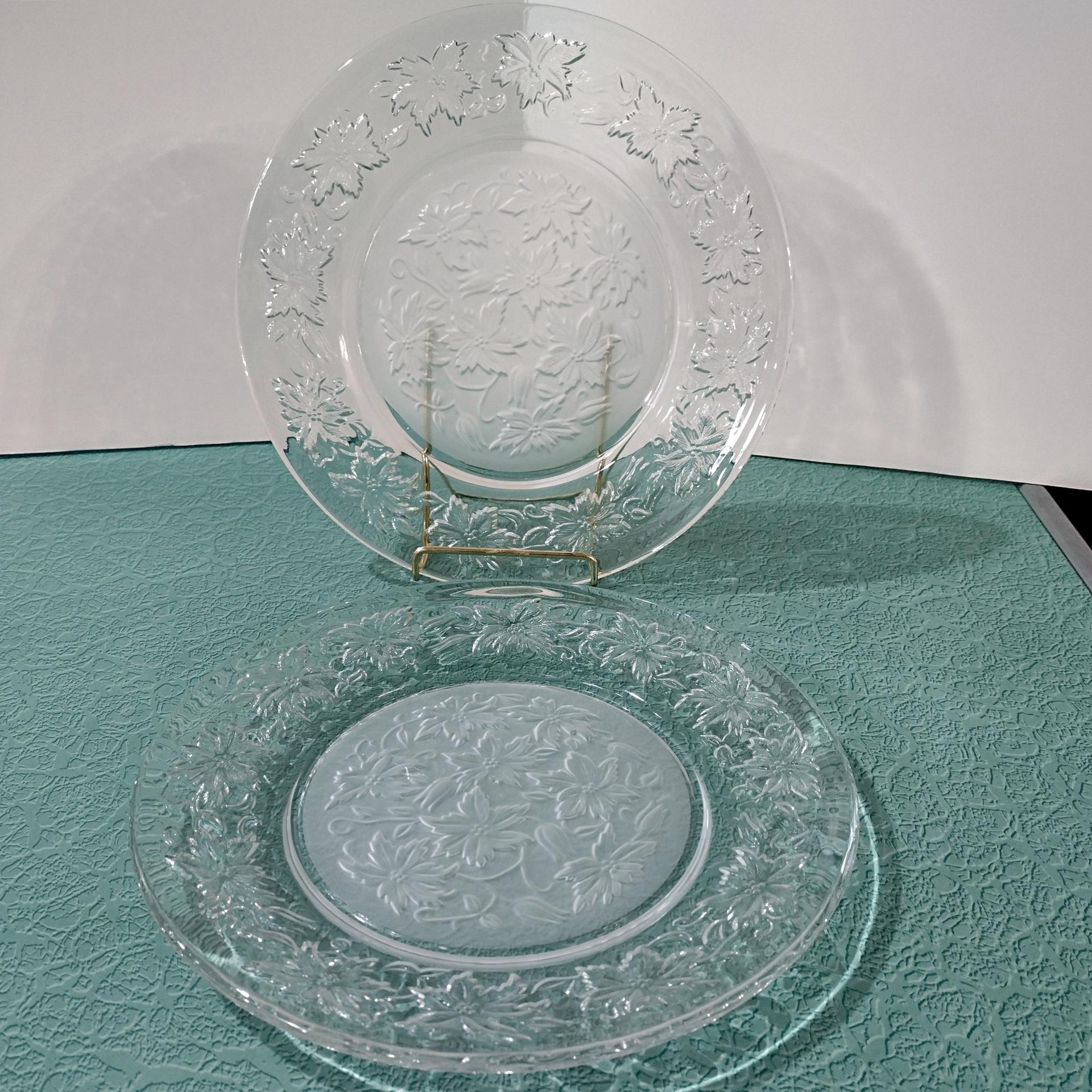 Vintage Princess House Fantasia Dinner Plates, Set of Two, Clear and Frosted Glass Plates with Poinsettia Floral Design