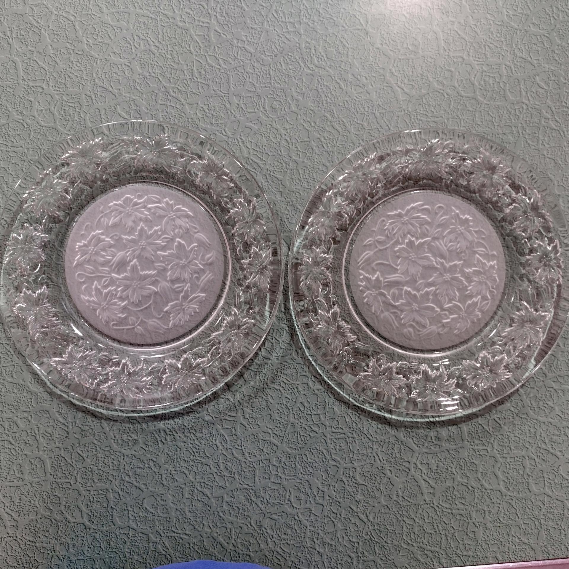 Vintage Princess House Fantasia Dinner Plates, Set of Two, Clear and Frosted Glass Plates with Poinsettia Floral Design