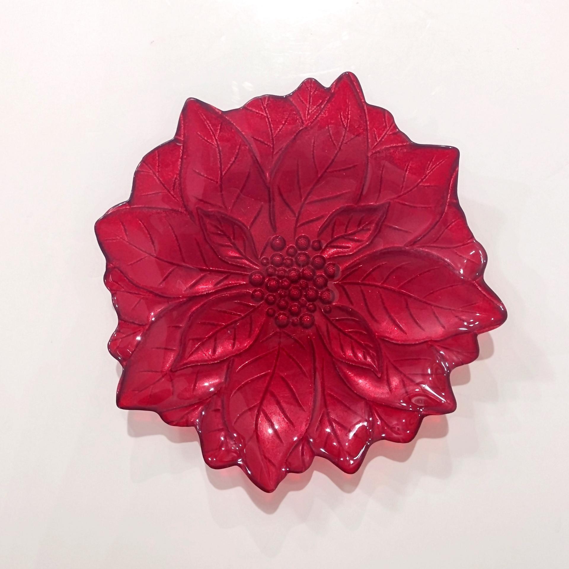Vintage Red Glitter Glass Poinsettia Shaped Holiday Christmas Plate