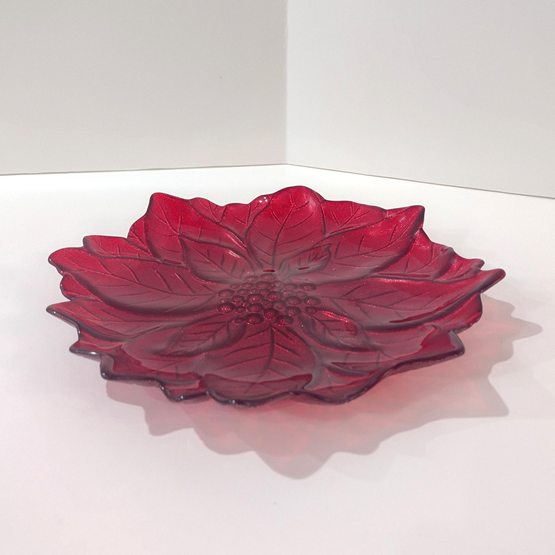 Vintage Red Glitter Glass Poinsettia Shaped Holiday Christmas Plate