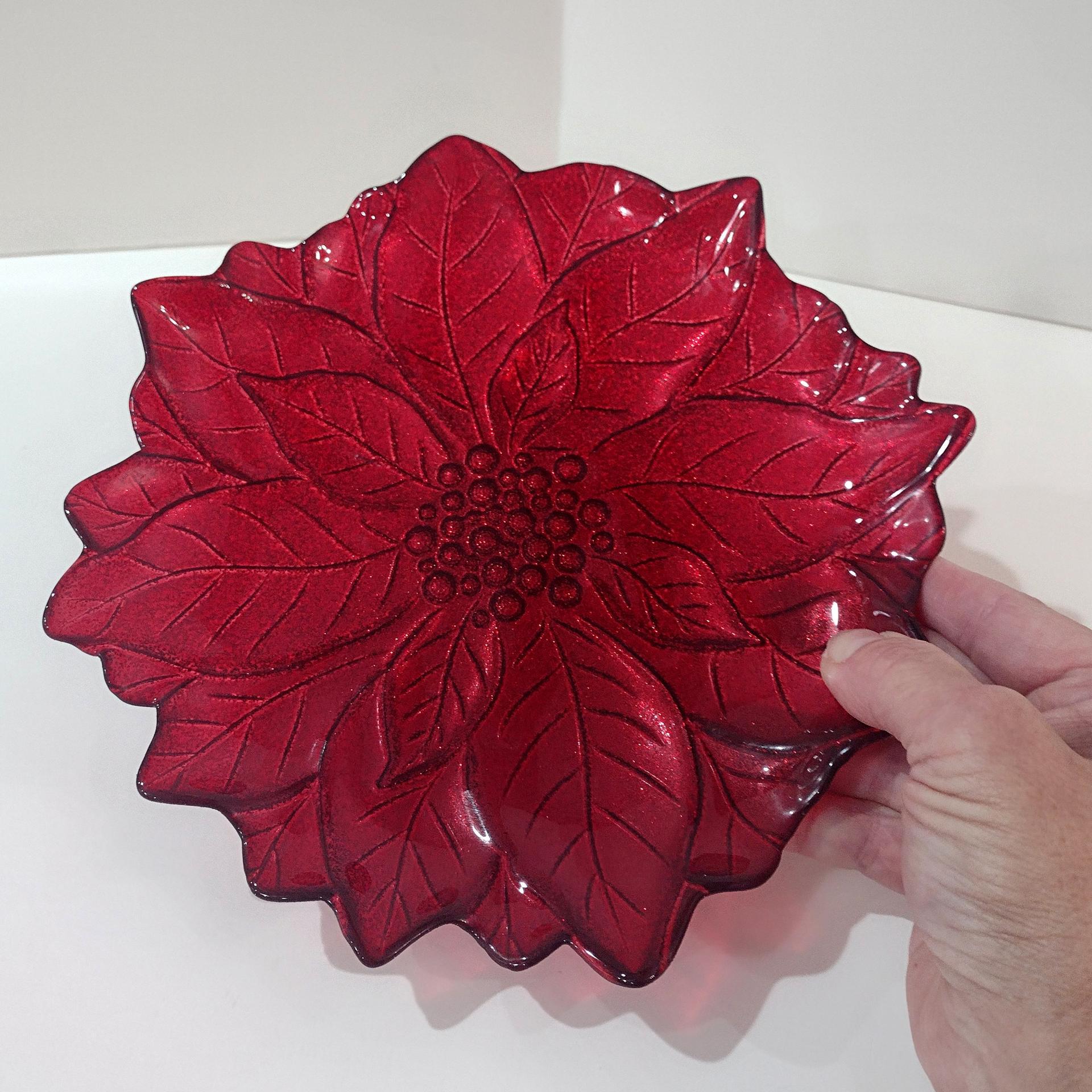 Vintage Red Glitter Glass Poinsettia Shaped Holiday Christmas Plate