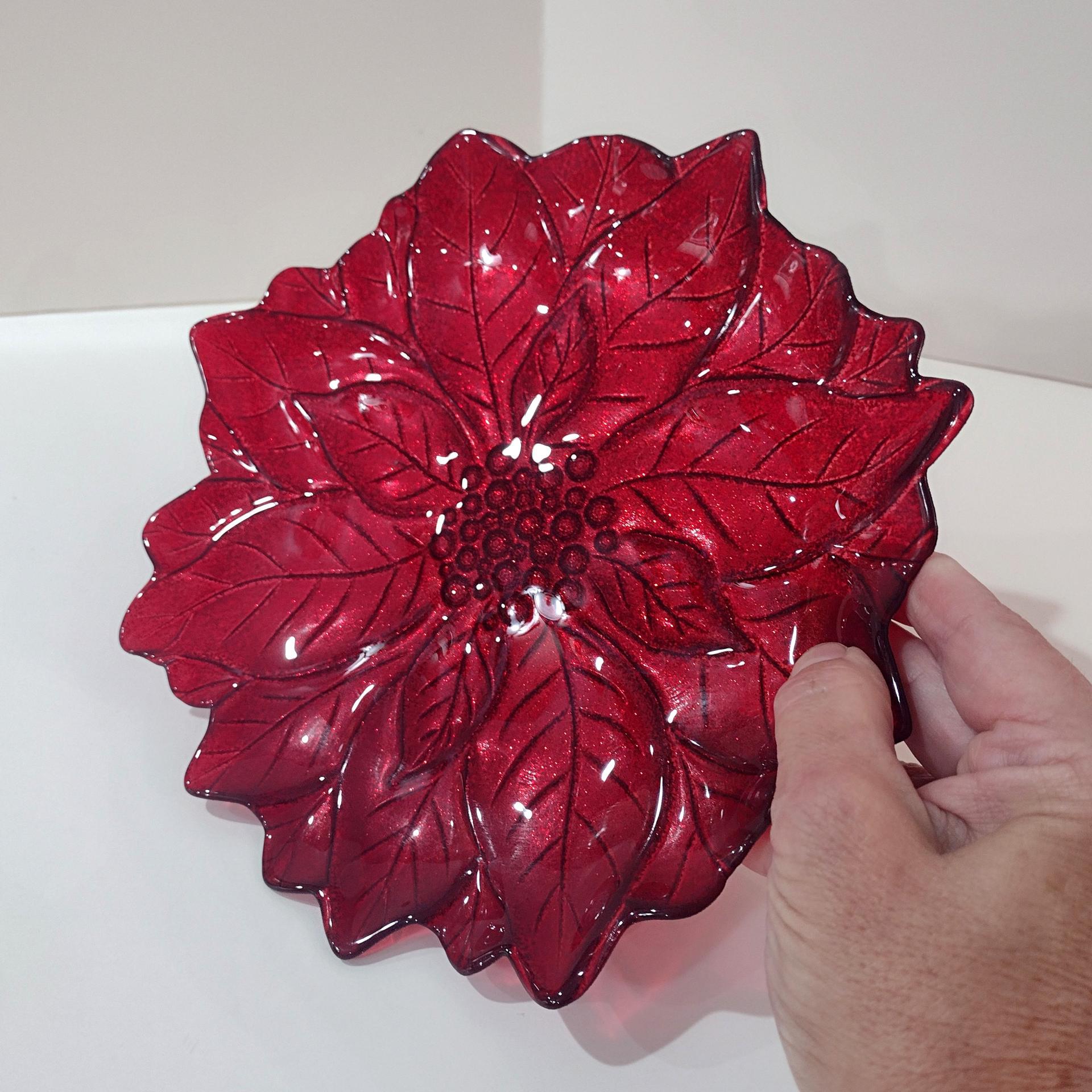 Vintage Red Glitter Glass Poinsettia Shaped Holiday Christmas Plate