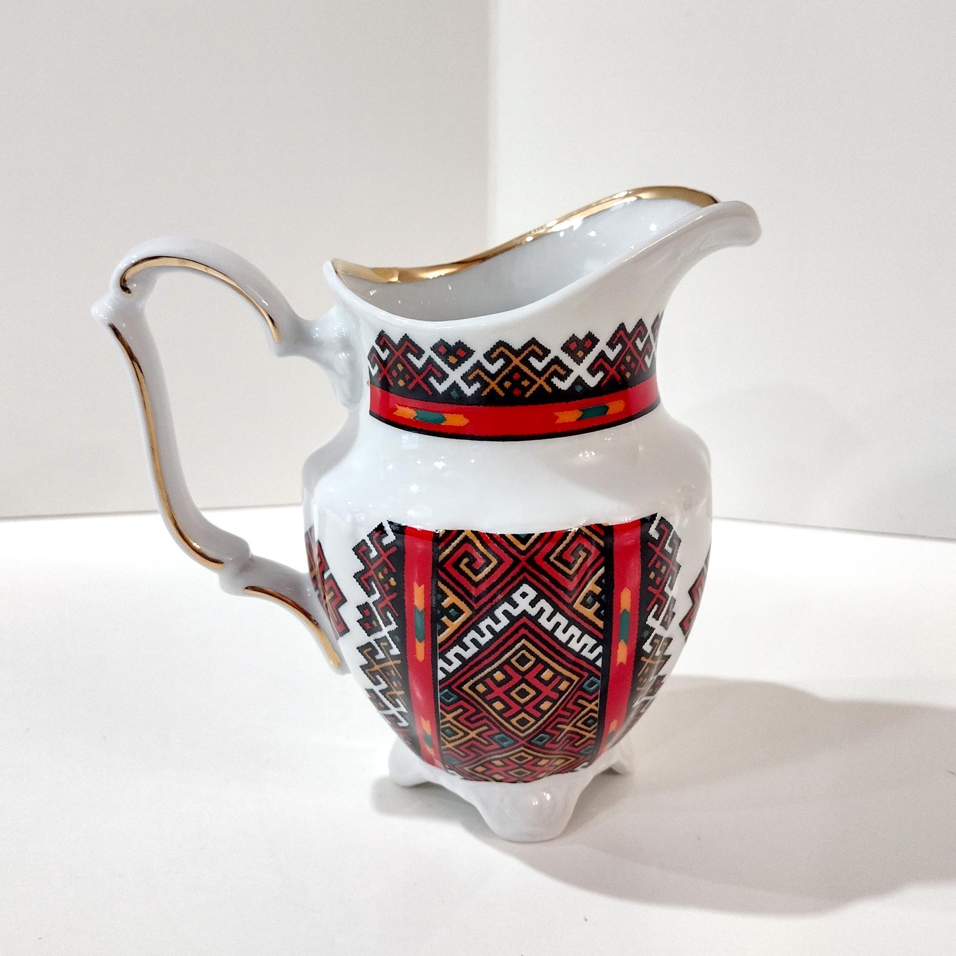 Vintage Walbrzych Poland Ceramic Creamer, Red and Black Geometric Design Sauce Pitcher