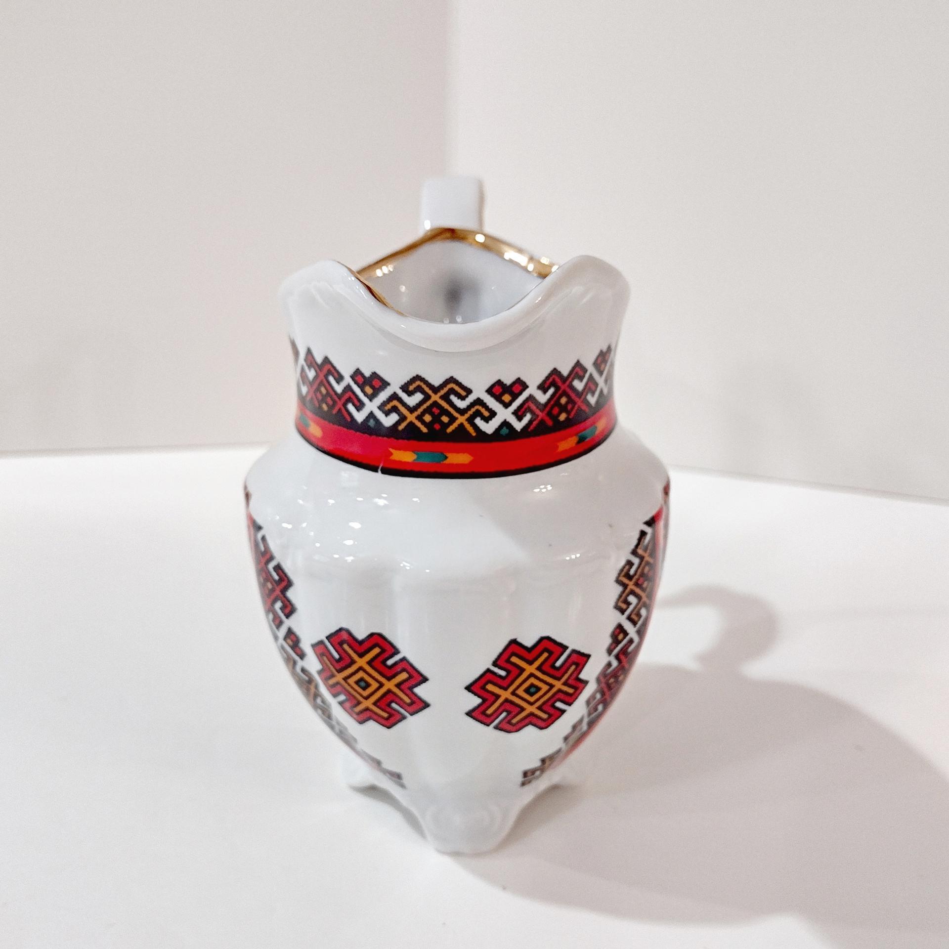 Vintage Walbrzych Poland Ceramic Creamer, Red and Black Geometric Design Sauce Pitcher