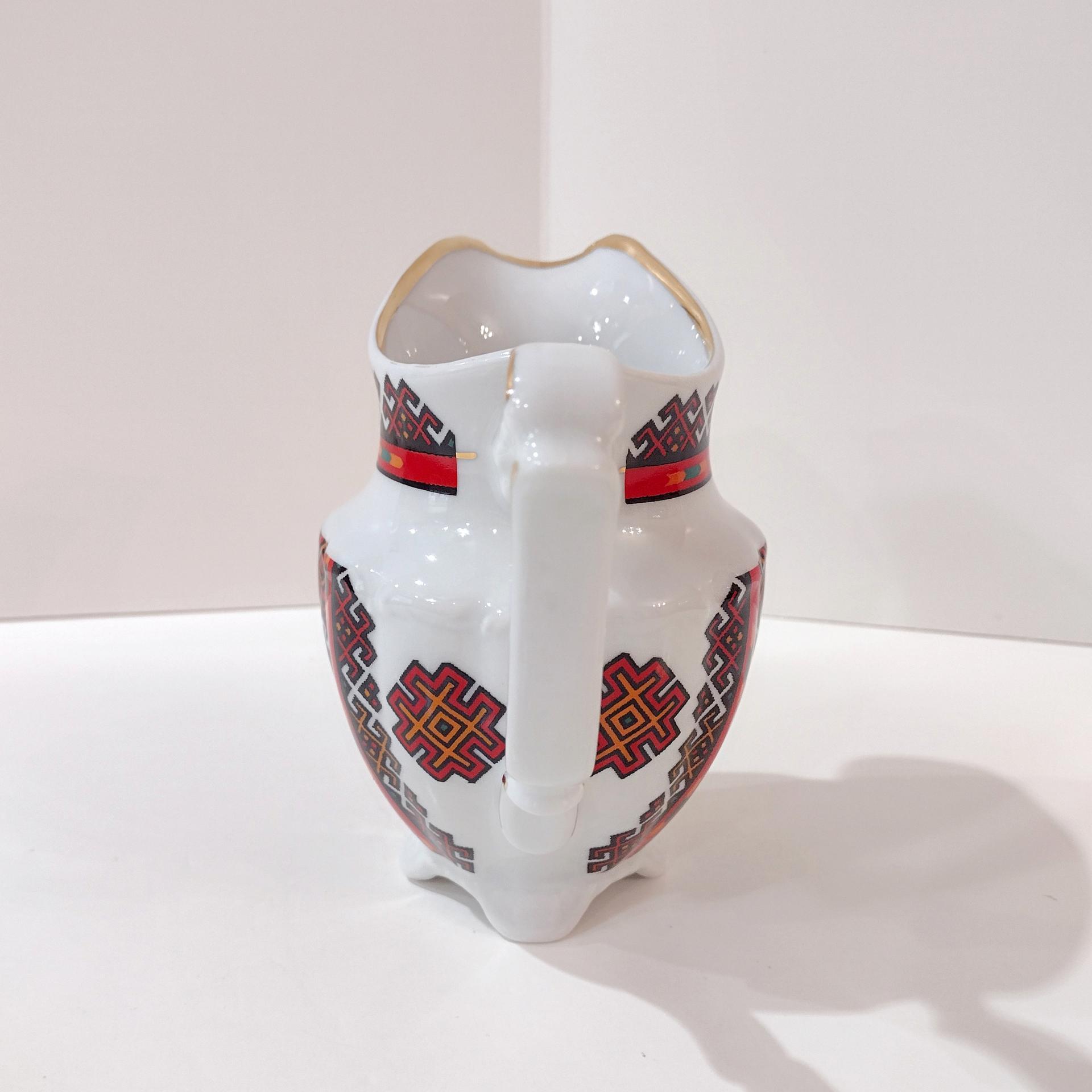 Vintage Walbrzych Poland Ceramic Creamer, Red and Black Geometric Design Sauce Pitcher