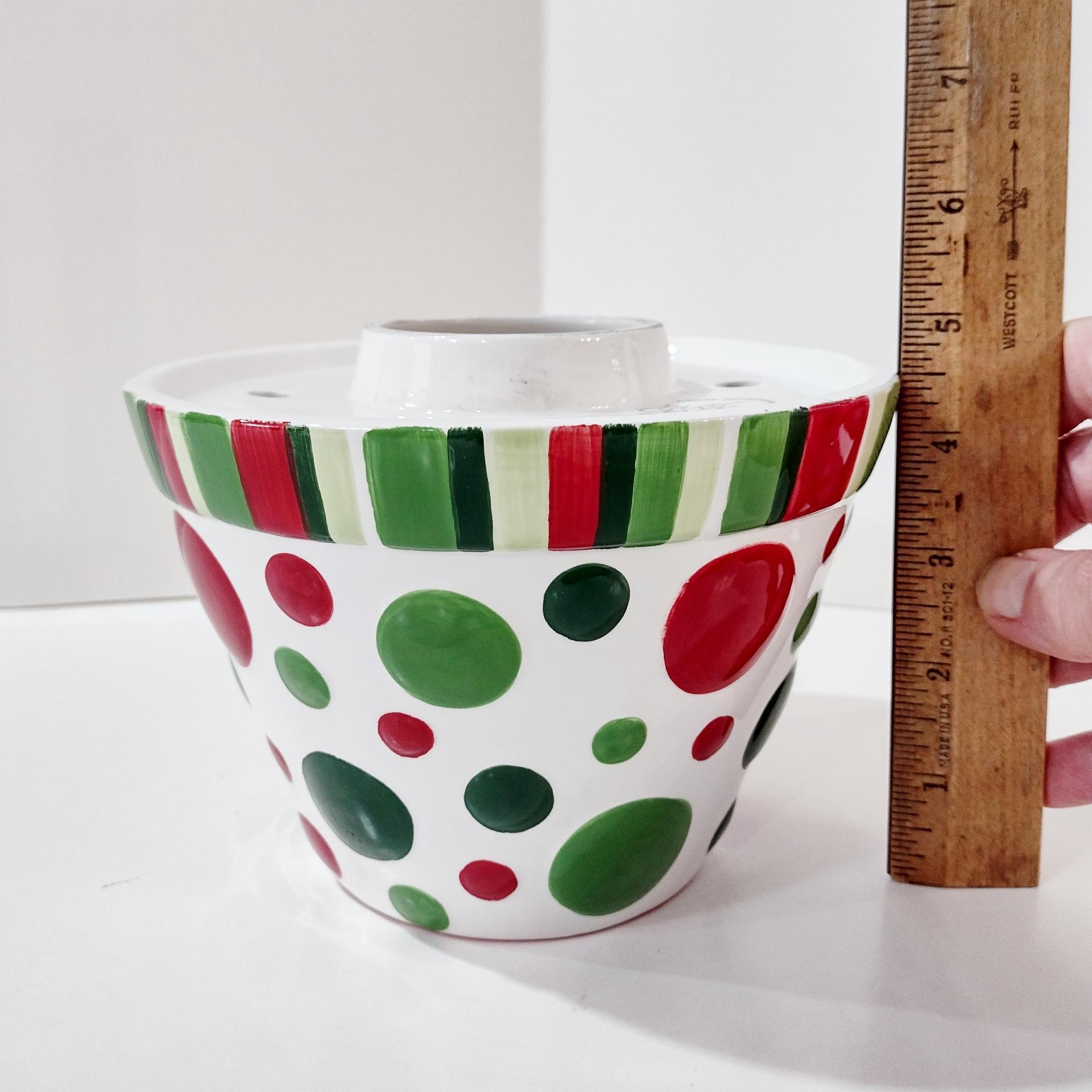 Vintage Yankee Candle Ceramic Shade Jar Topper, Ellen Krans Red and Green Polka Holiday Design