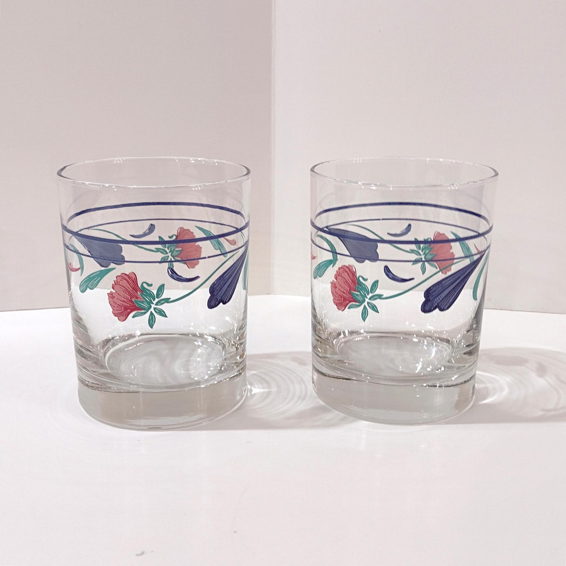 Vintage Lenox Poppies on Blue Double Old Fashioned Glasses, Set of Two, Vintage Whiskey Lowball Rocks Glasses